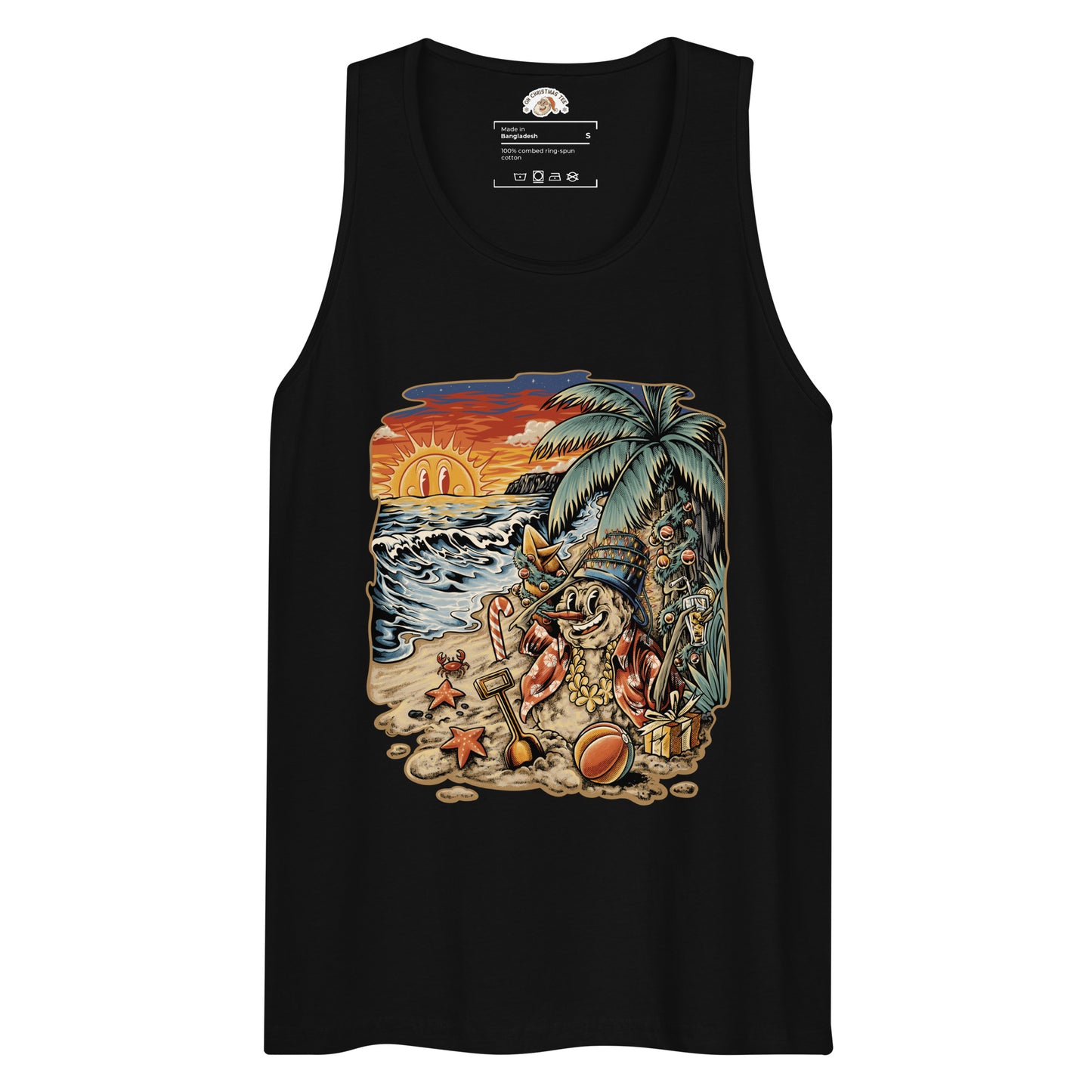 Black tank top with a graphic of a snowman made of sand reclining under a palm tree on a beach, surrounded by starfish, a beach ball, and a sunset over the ocean.