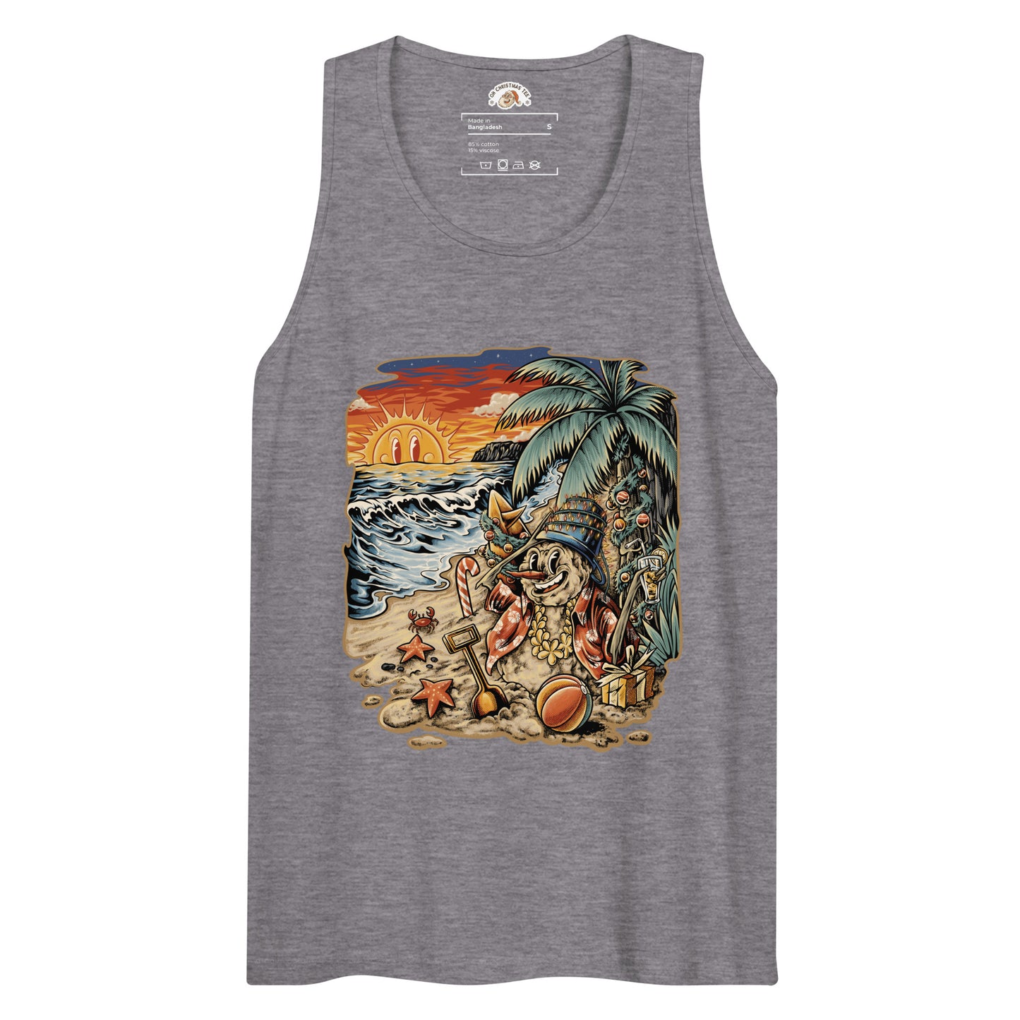 Grey tank top with a graphic of a snowman made of sand reclining under a palm tree on a beach, surrounded by starfish, a beach ball, and a sunset over the ocean.