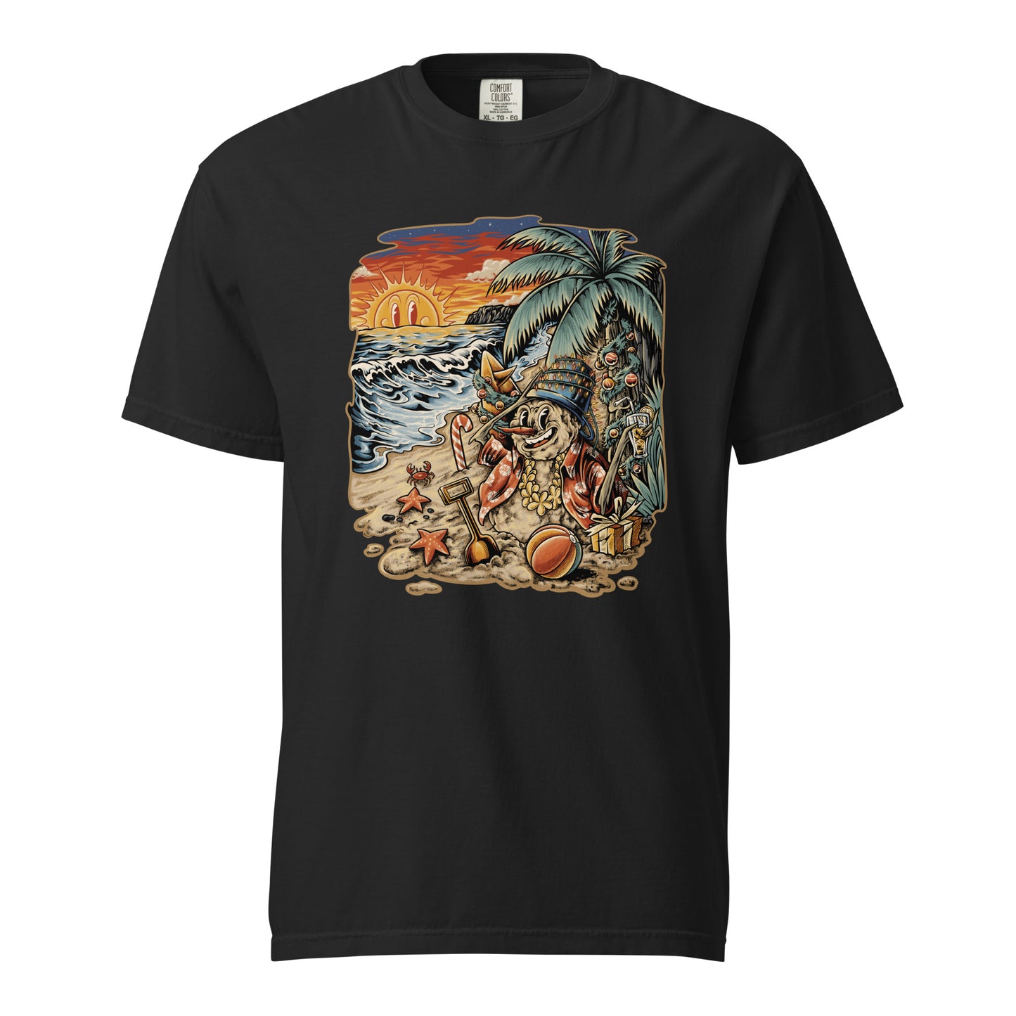 Black T‑shirt displaying Frosty the Sandman reclining on a tropical beach, complete with a palm tree, starfish, a beach ball, and an orange sunset.