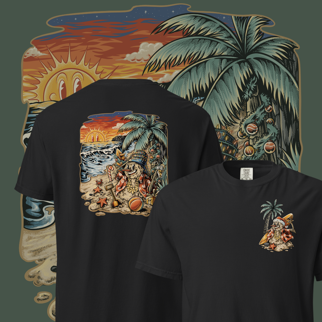 Black T‑shirt, front features a small graphic of Frosty the Sandman with a surfboard beside a palm tree; back shows Frosty lounging on a sandy beach with starfish, a beach ball, and a tropical sunset.