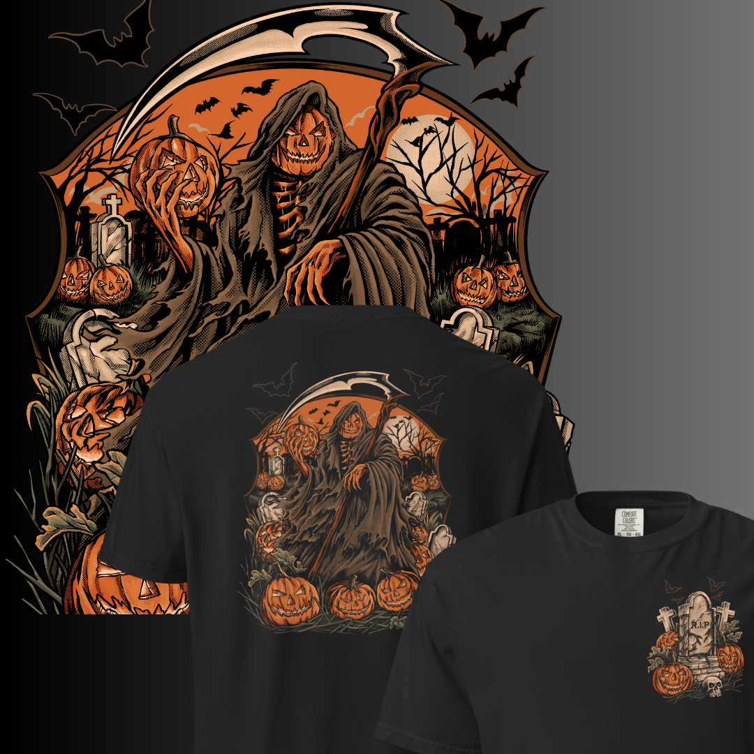 A double-sided t-shirt with a Halloween theme, featuring an illustration of the Grim Reaper surrounded by pumpkins and a full moon on a dark background.