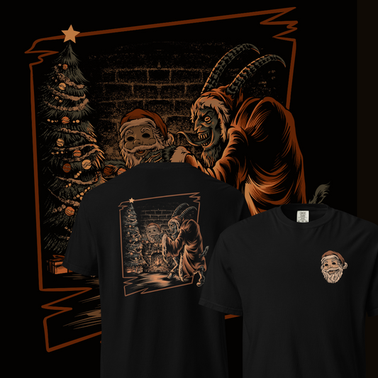 Black T-shirt featuring a small front chest print of a Santa mask and a large back graphic of Krampus holding the Santa mask in front of a decorated Christmas tree against a brick wall.