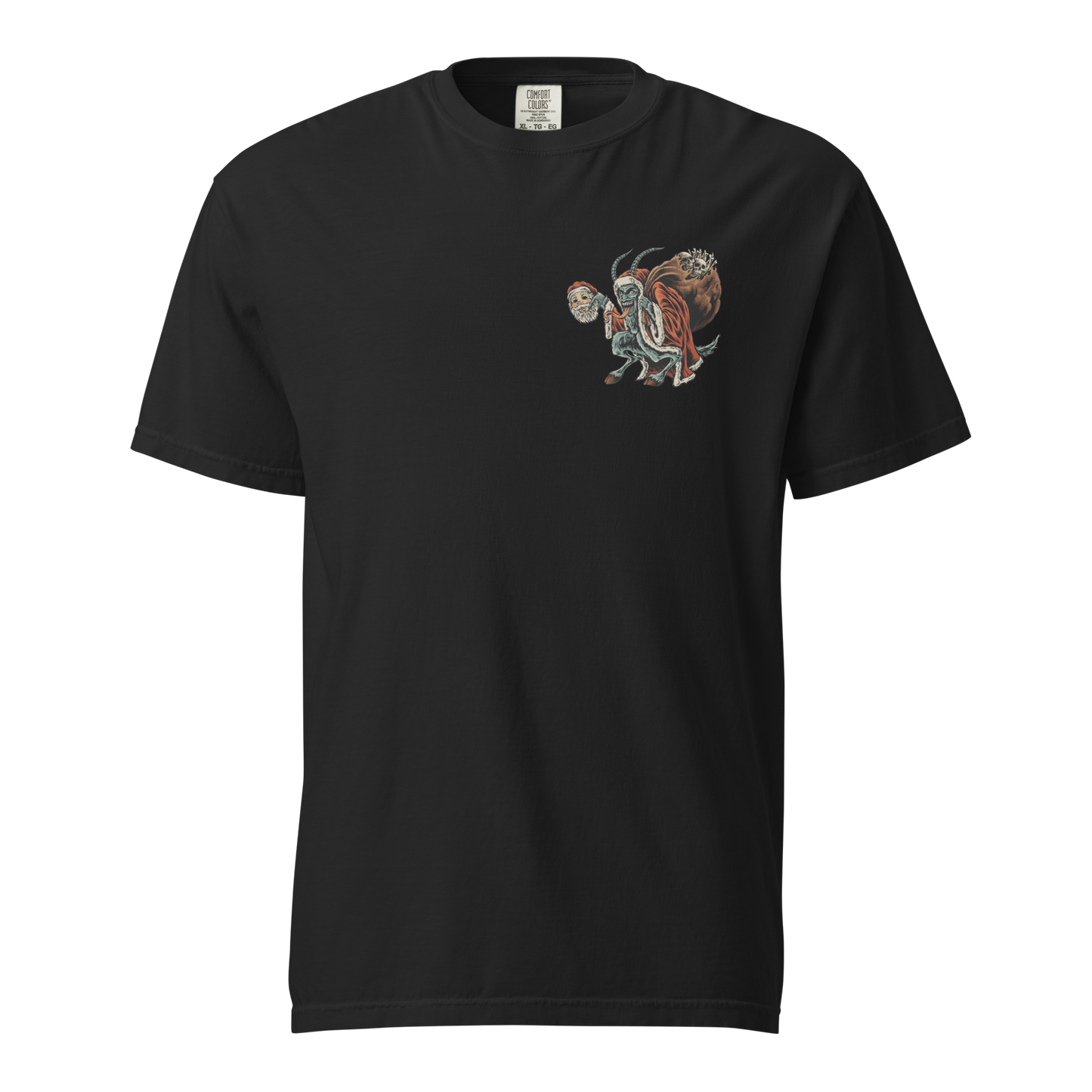 Black Krampus T-Shirt with a small front chest print of Krampus carrying a Santa Mask.