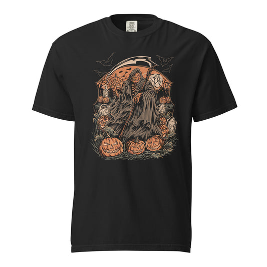 A black t-shirt with a graphic print of the Grim Reaper among haunted pumpkins, accompanied by a full moon and bats, representing the Halloween theme.