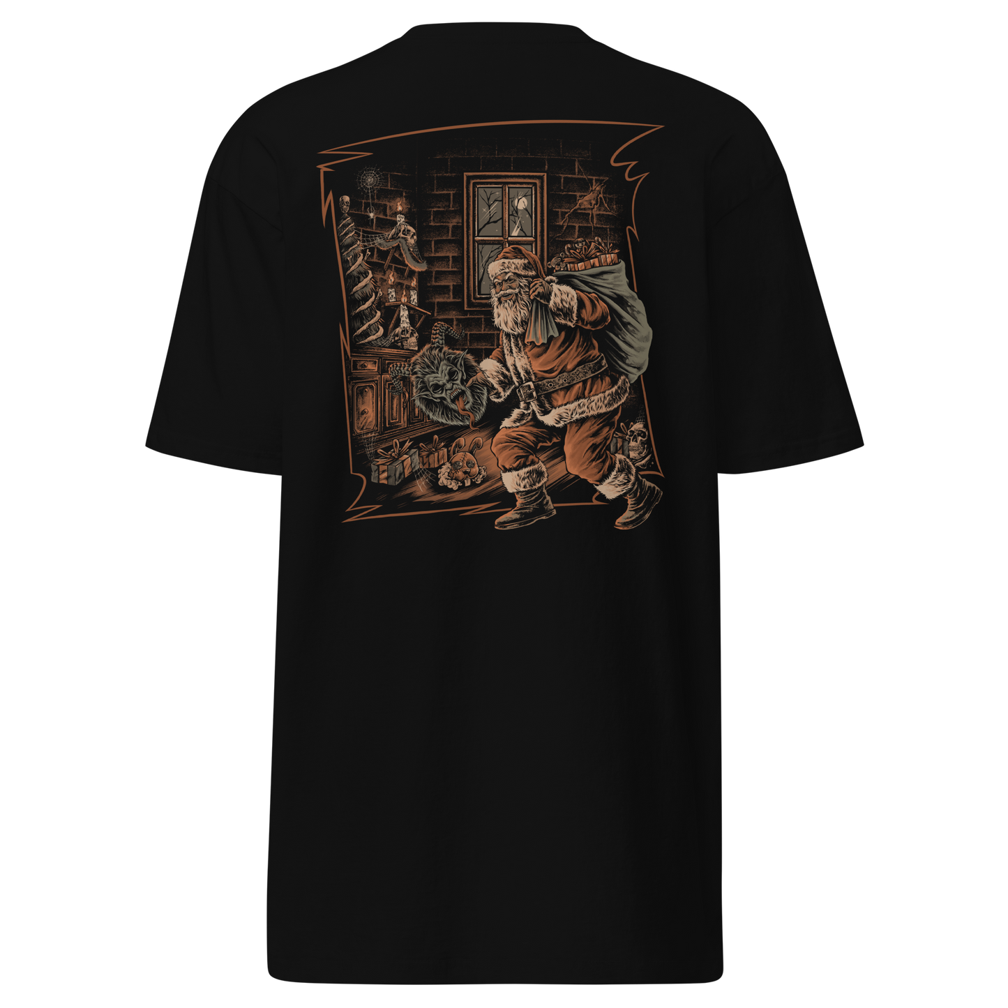 Black t-shirt with a graphic of Santa in a room with shelves and a window holding a Krampus Mask.