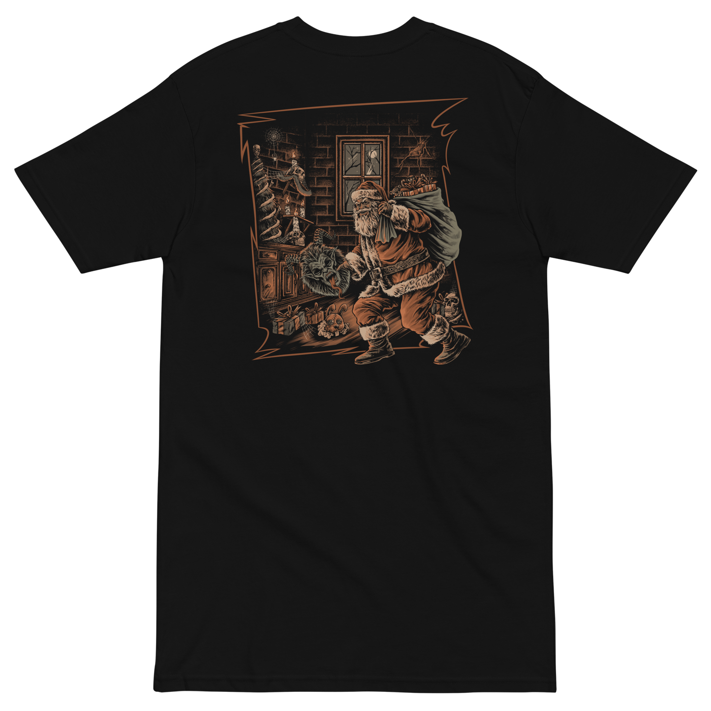 Black t-shirt with a graphic of Santa in a room with shelves and a window holding a Krampus Mask.