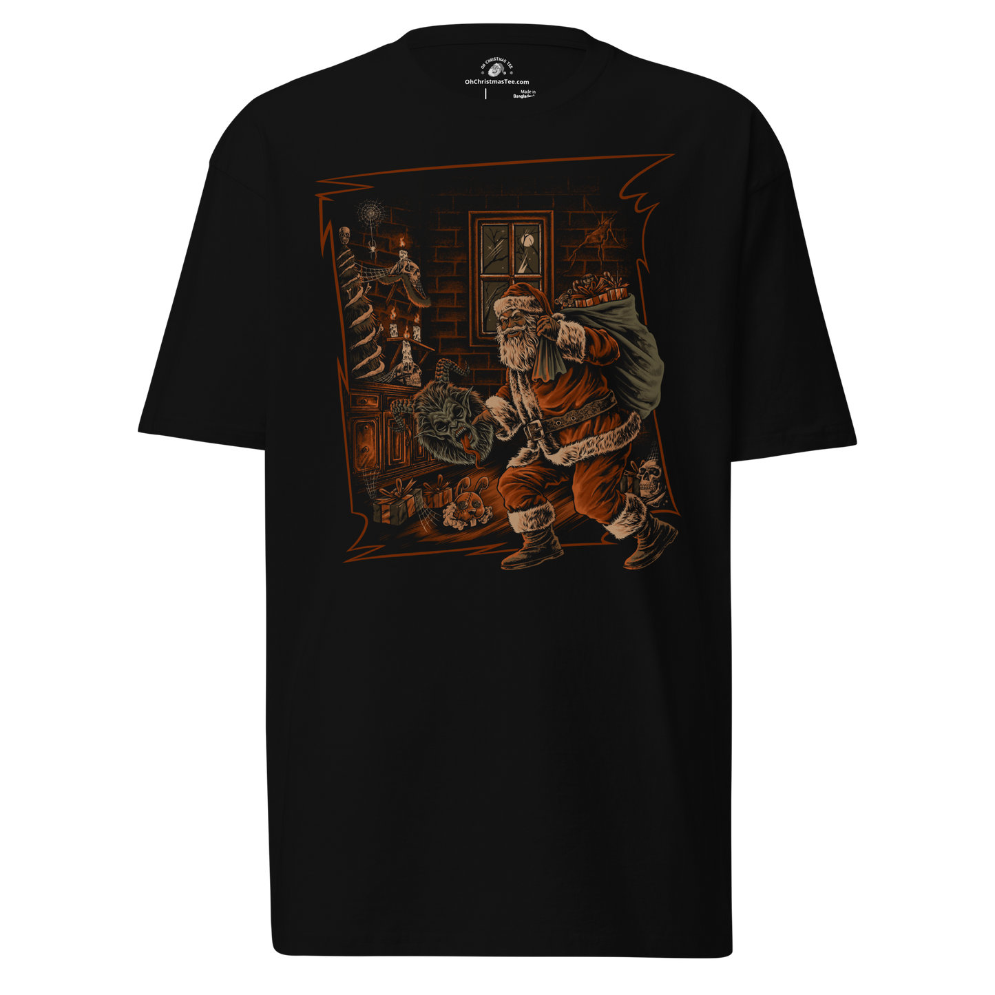 Black t-shirt with a graphic of a Santa in a room with shelves and a window holding a Krampus Mask.