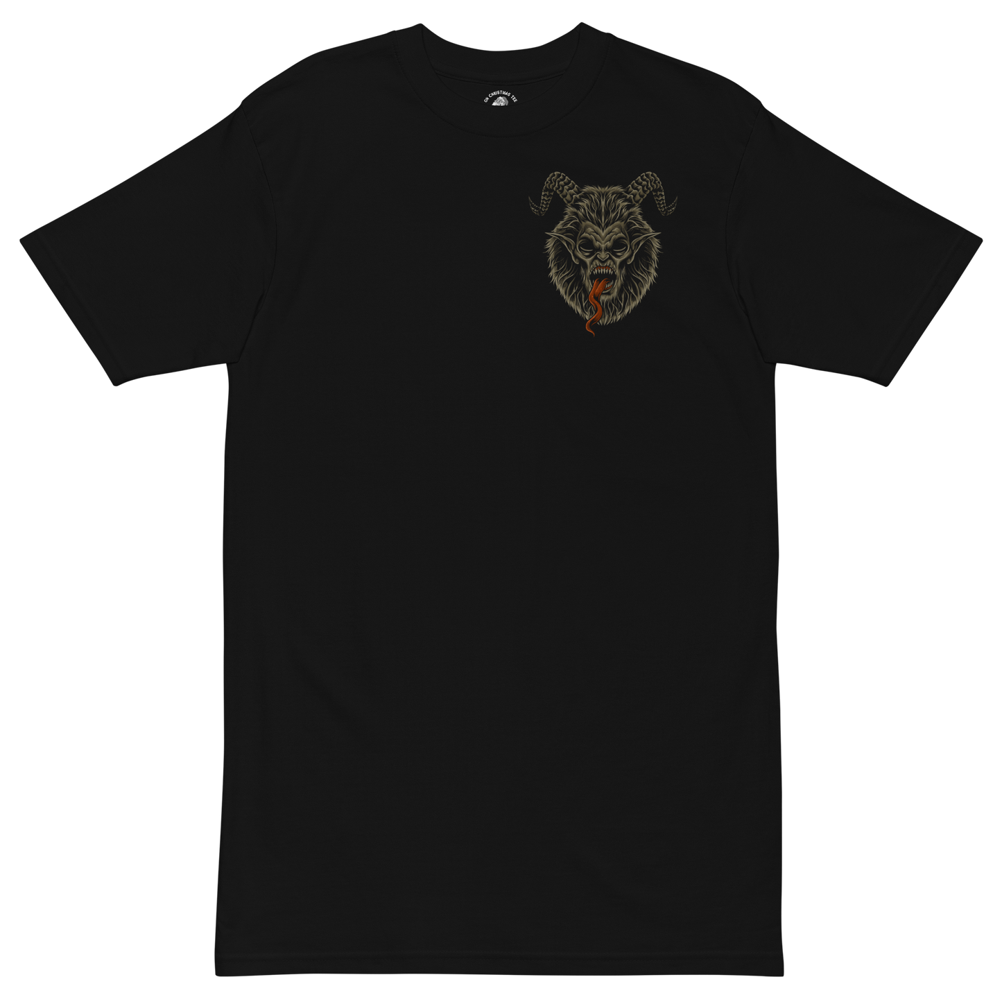 Black t-shirt with a graphic of a Krampus Mask on the front chest of the shirt.