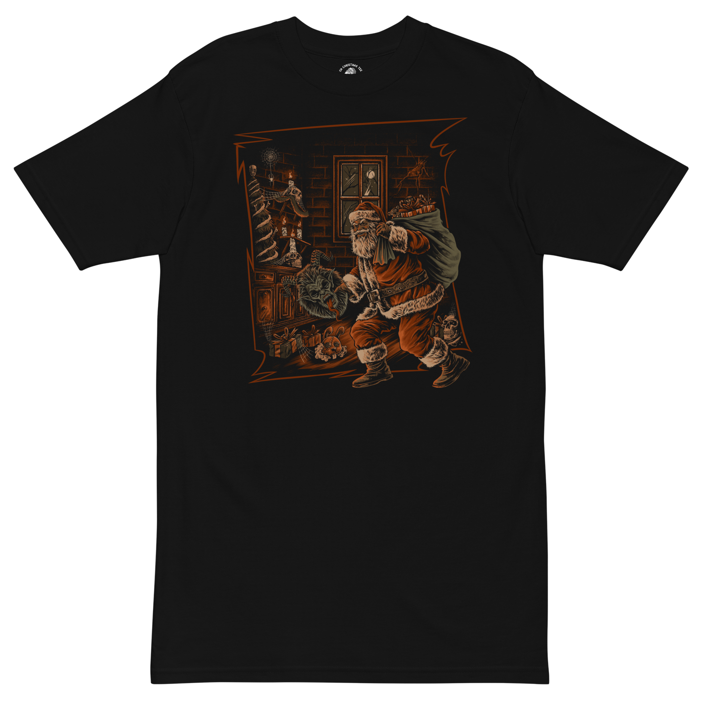 Black t-shirt with a graphic of a Santa in a room with shelves and a window holding a Krampus Mask.