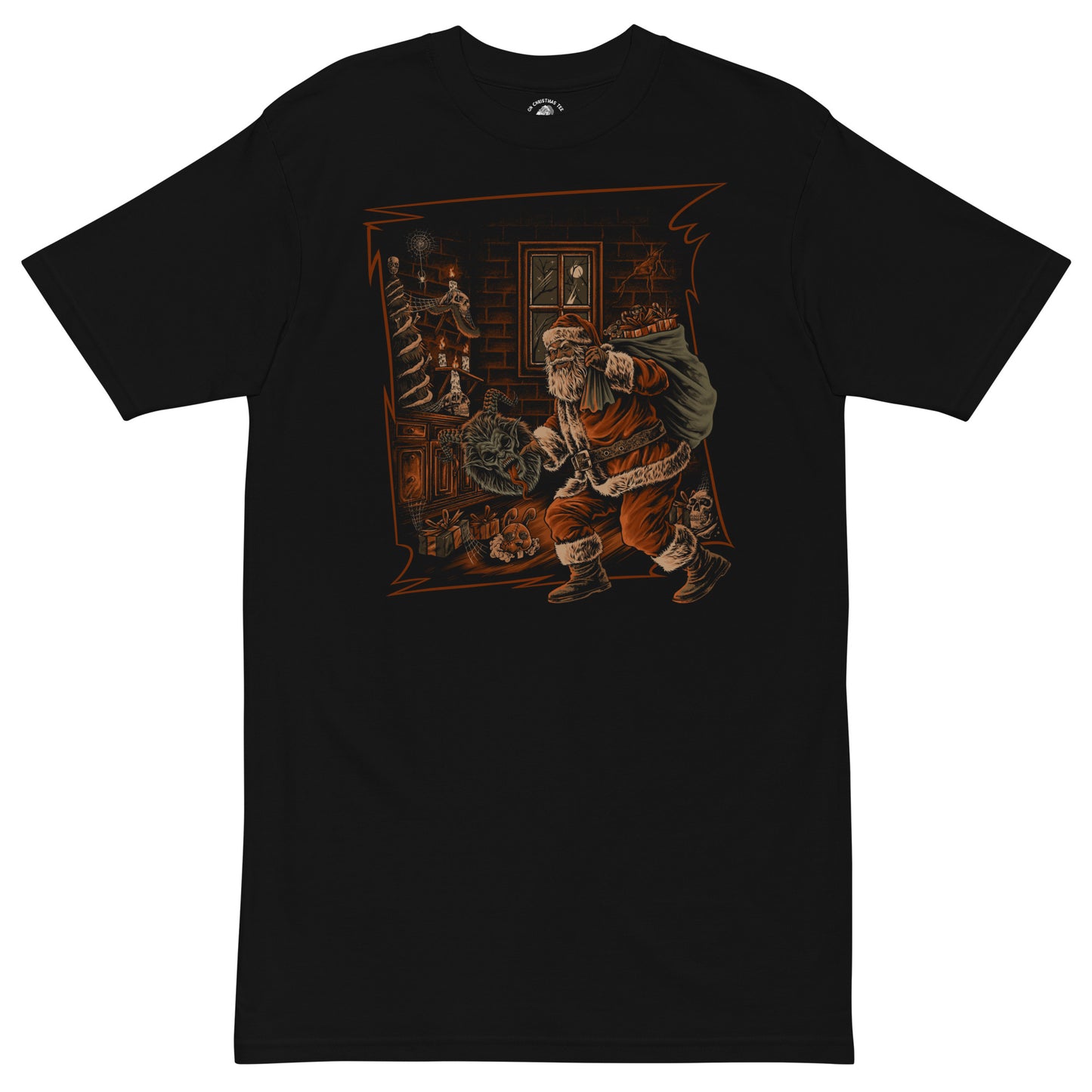 Black t-shirt with a graphic of a Santa in a room with shelves and a window holding a Krampus Mask.