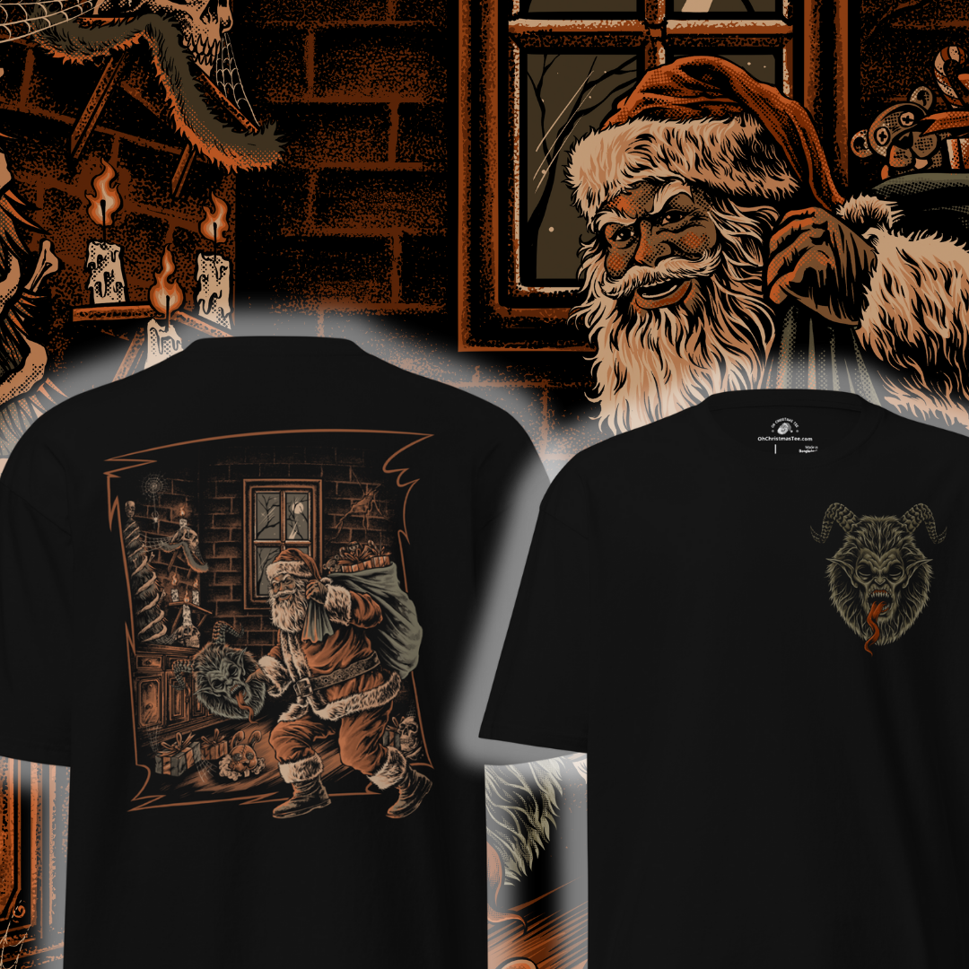 Black t-shirt with a graphic of a Krampus Mask on the front chest of the shirt. The background has a graphic of a Santa in a room with shelves and a window holding a Krampus Mask.