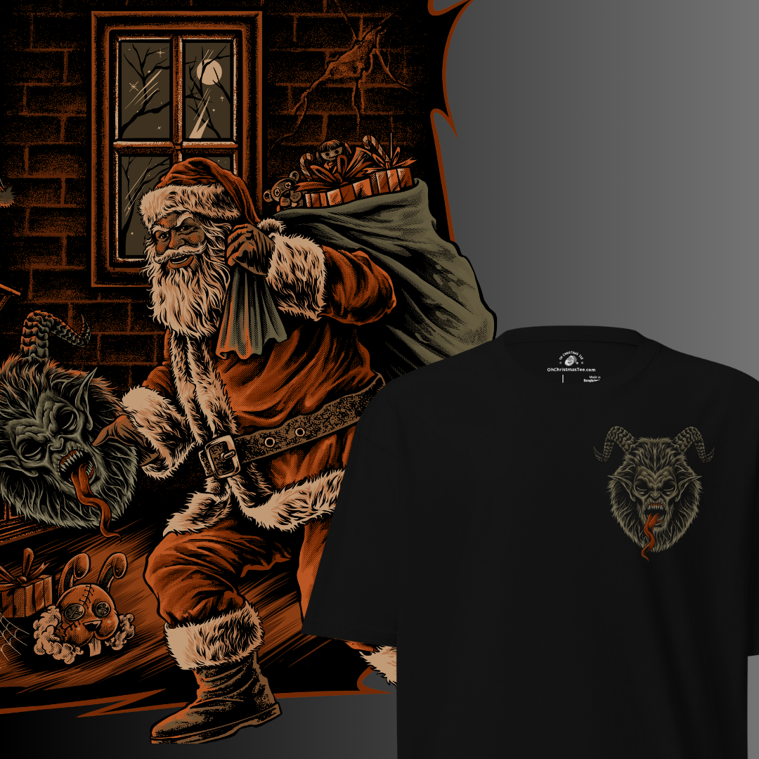 Black t-shirt with a graphic of a Krampus Mask on the front chest of the shirt. The background has a graphic of a Santa in a room with shelves and a window holding a Krampus Mask.