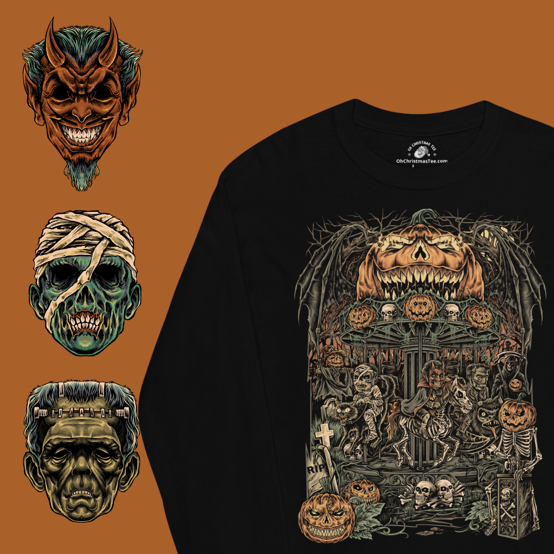 Black t-shirt with Halloween-themed design featuring pumpkins and faces on a brown background.