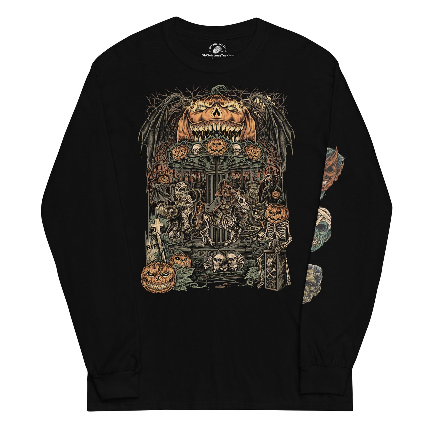 Black long-sleeve shirt with Halloween-themed design featuring pumpkins and skeletons on a white background.