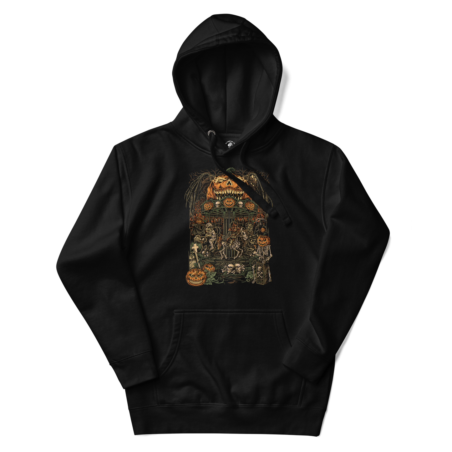Black hoodie featuring a highly detailed, vintage-style Halloween illustration of a haunted carnival scene. The design includes skeletons, jack-o’-lanterns, gravestones, and a menacing pumpkin-headed figure overseeing the chaos.