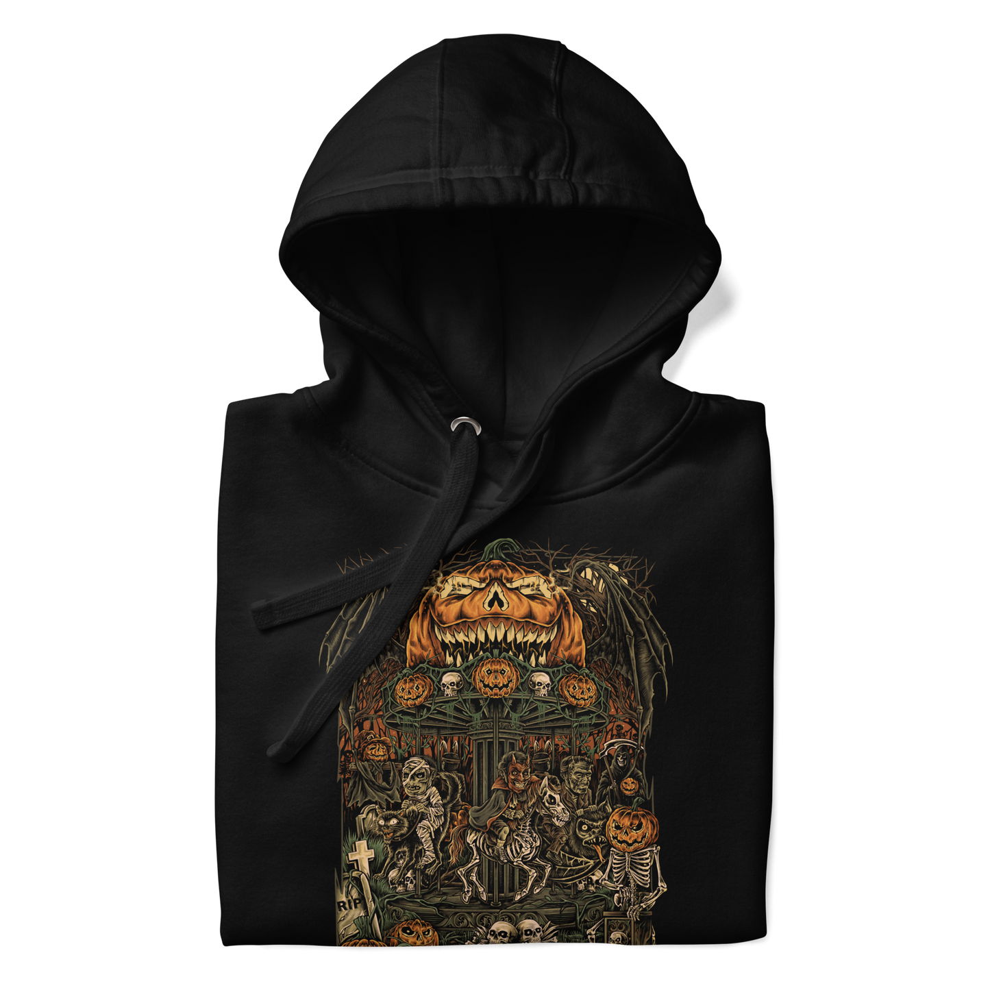 Black hoodie featuring a highly detailed, vintage-style Halloween illustration of a haunted carnival scene. The design includes skeletons, jack-o’-lanterns, gravestones, and a menacing pumpkin-headed figure overseeing the chaos.