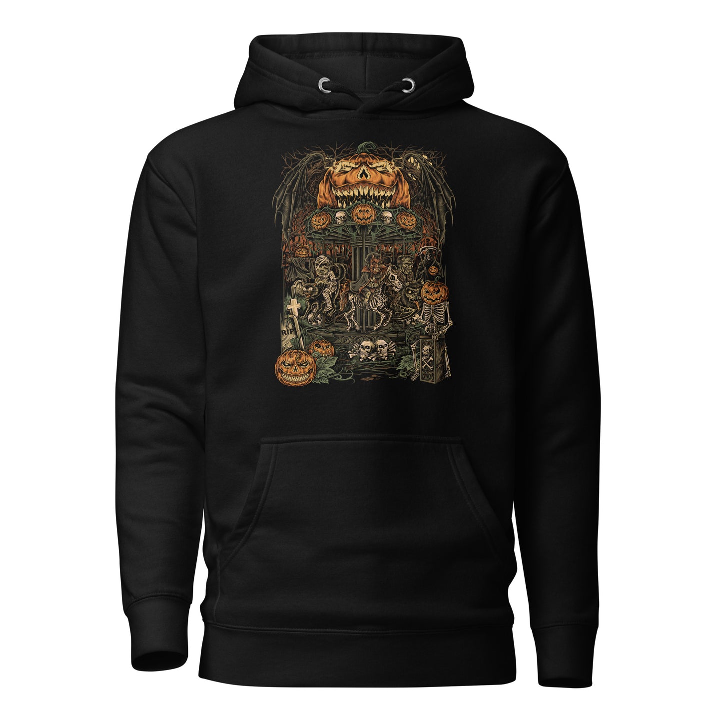 Black hoodie featuring a highly detailed, vintage-style Halloween illustration of a haunted carnival scene. The design includes skeletons, jack-o’-lanterns, gravestones, and a menacing pumpkin-headed figure overseeing the chaos.