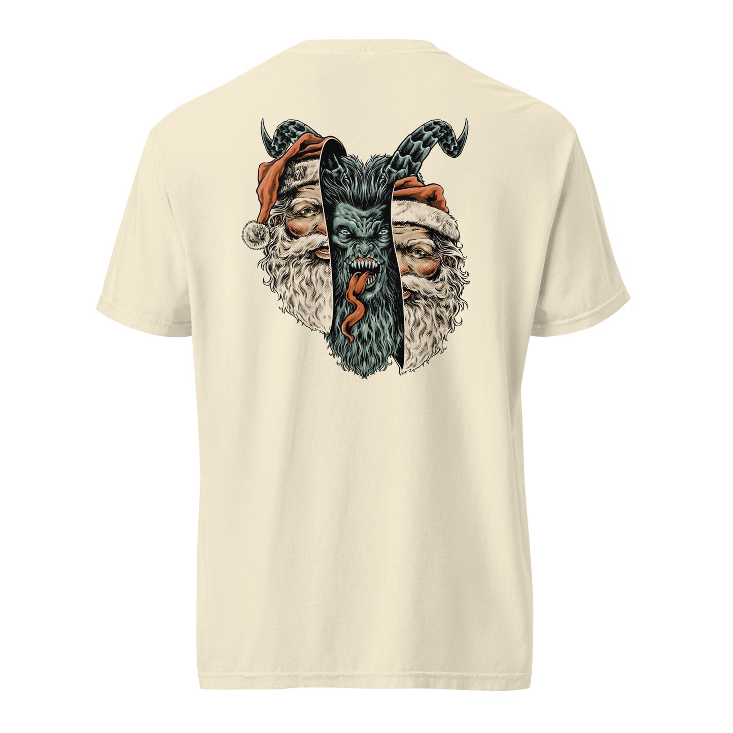 Cream colored Krampus T-shirt back shows Santa’s face mirrored on either side of Krampus