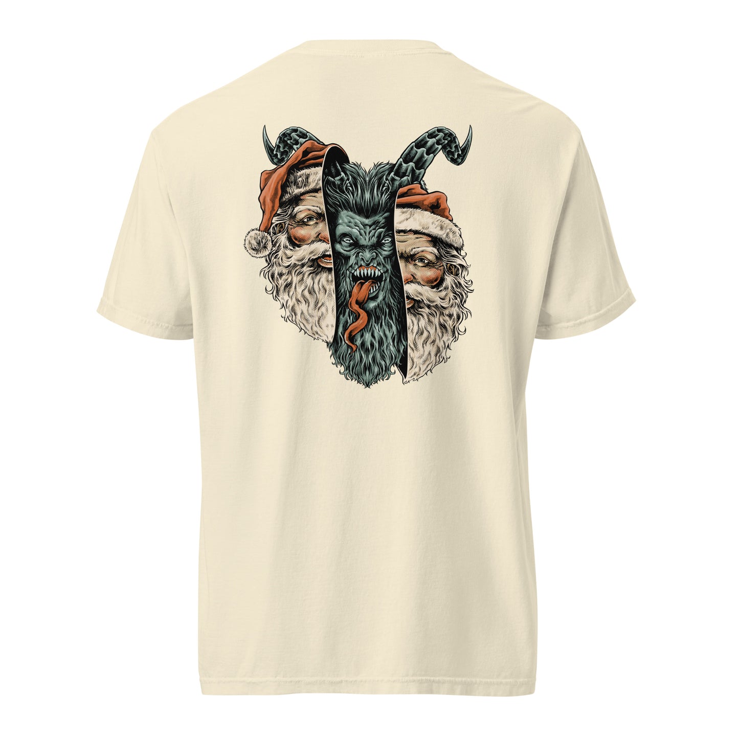Cream T-shirt back showing a split design with Santa’s face on either side of a snarling Krampus head.