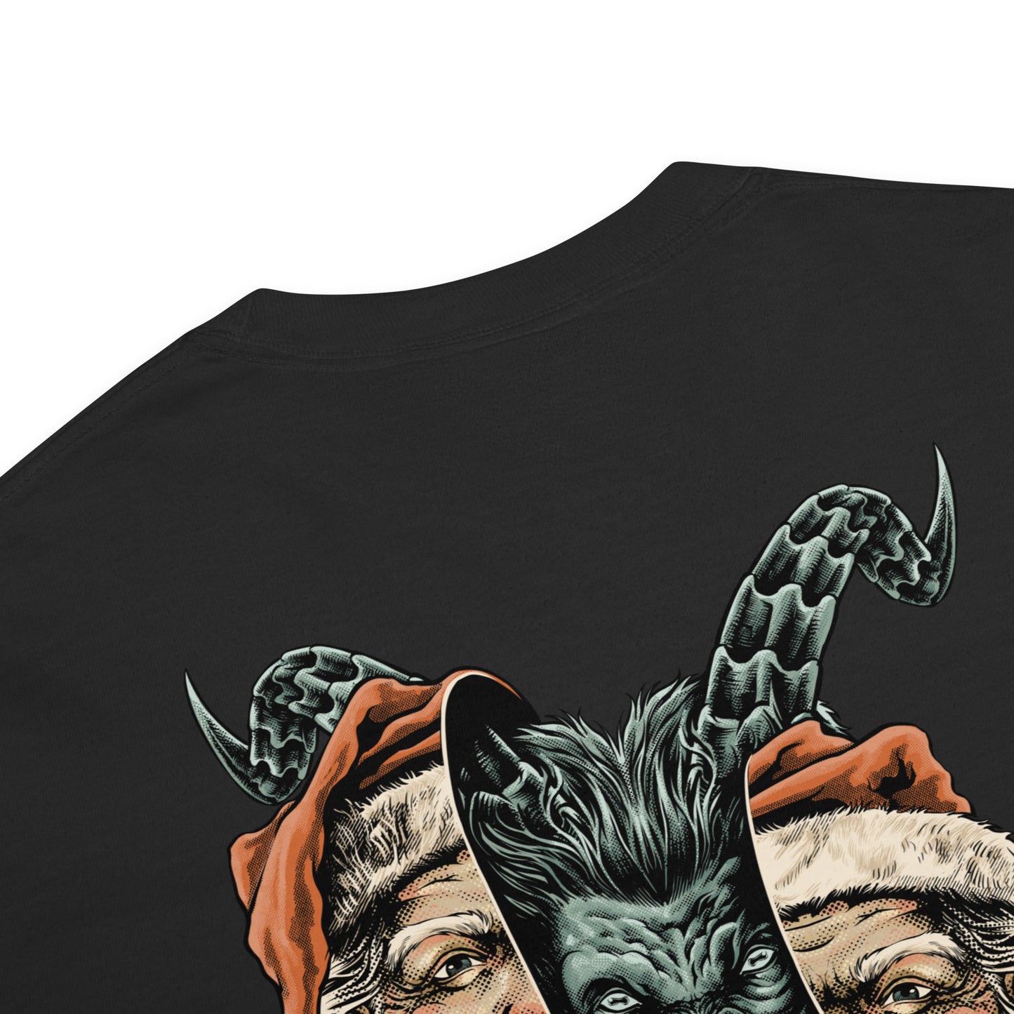 Black Krampus T-shirt close up of Santa’s face mirrored on either side of Krampus