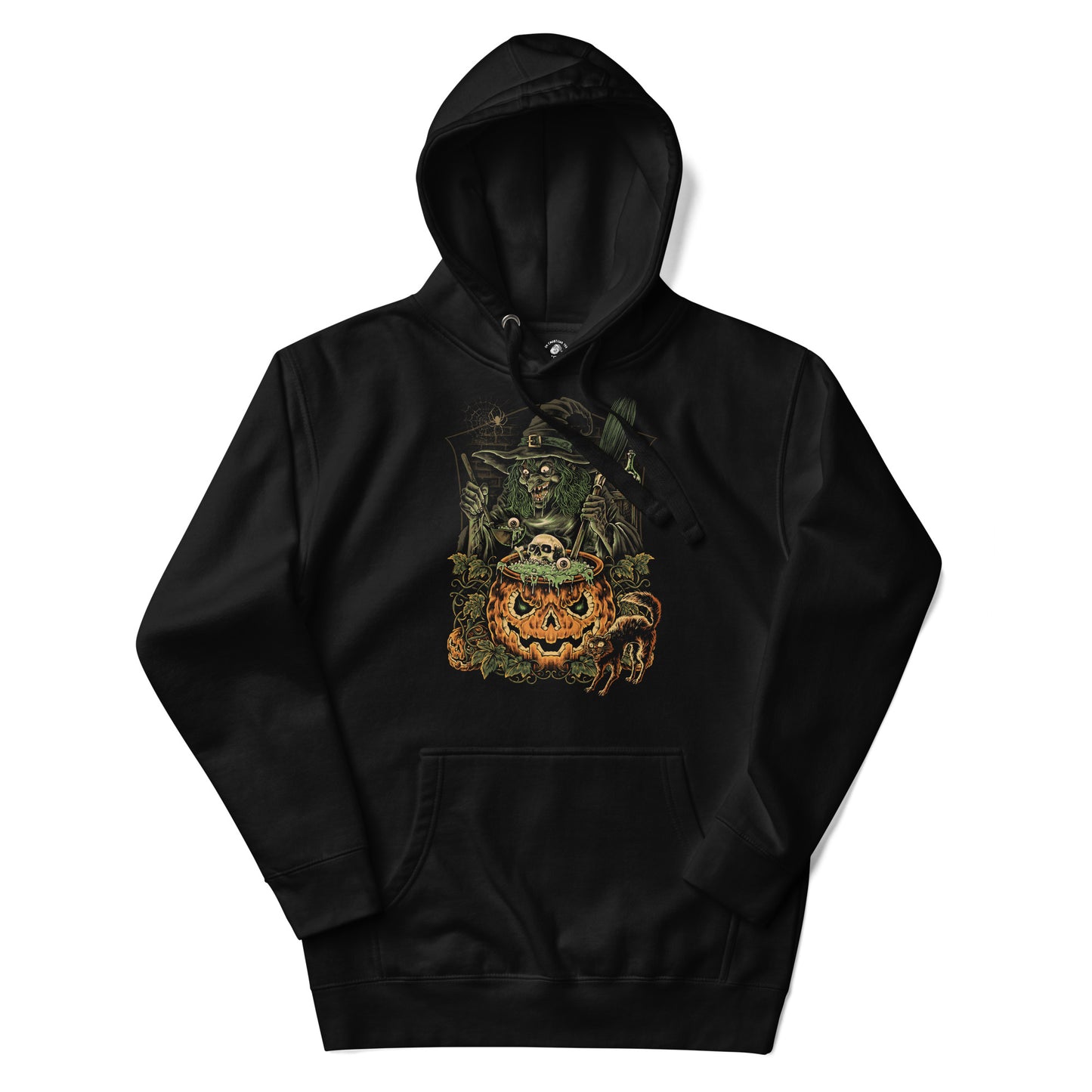 Black hoodie with Halloween-themed graphic Witch with Pumpkin Shaped Cauldron and Black Cat.