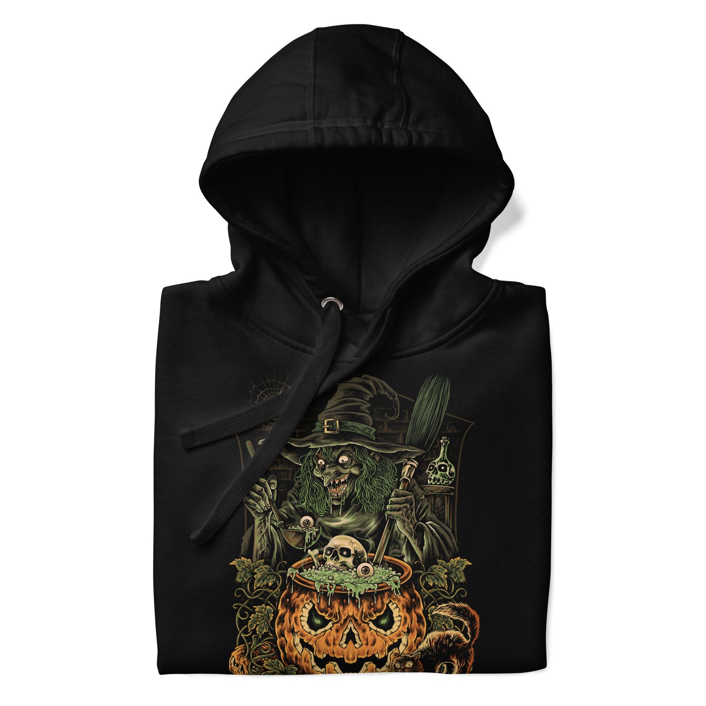 Folded black halloween hoodie with witch on front.