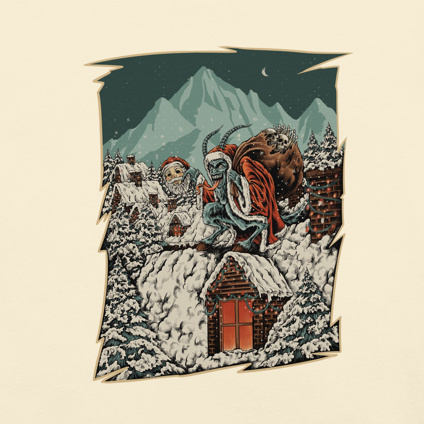 Graphic of Krampus and Santa emerging from snow-covered alpine village rooftops beneath towering mountain peaks under a starry night sky.