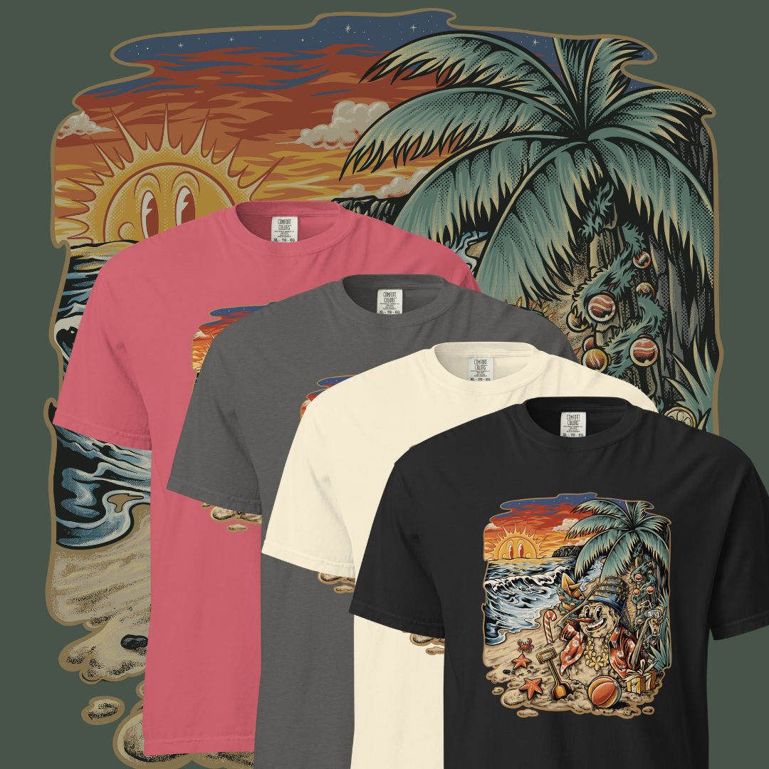 T‑shirt (shown in assorted colors) displaying Frosty the Sandman reclining on a tropical beach, complete with a palm tree, starfish, a beach ball, and an orange sunset.