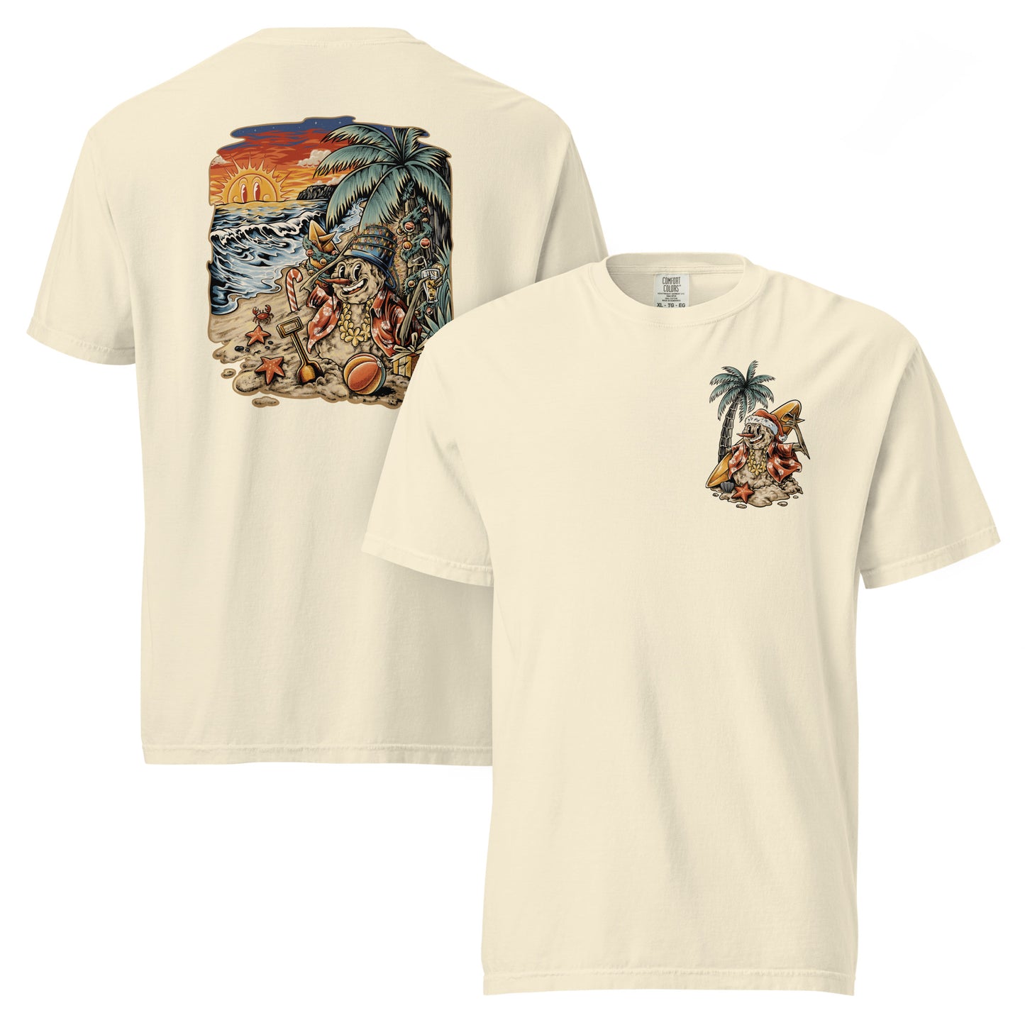 Cream colored T‑shirt, front features a small graphic of Frosty the Sandman with a surfboard beside a palm tree; back shows Frosty lounging on a sandy beach with starfish, a beach ball, and a tropical sunset.