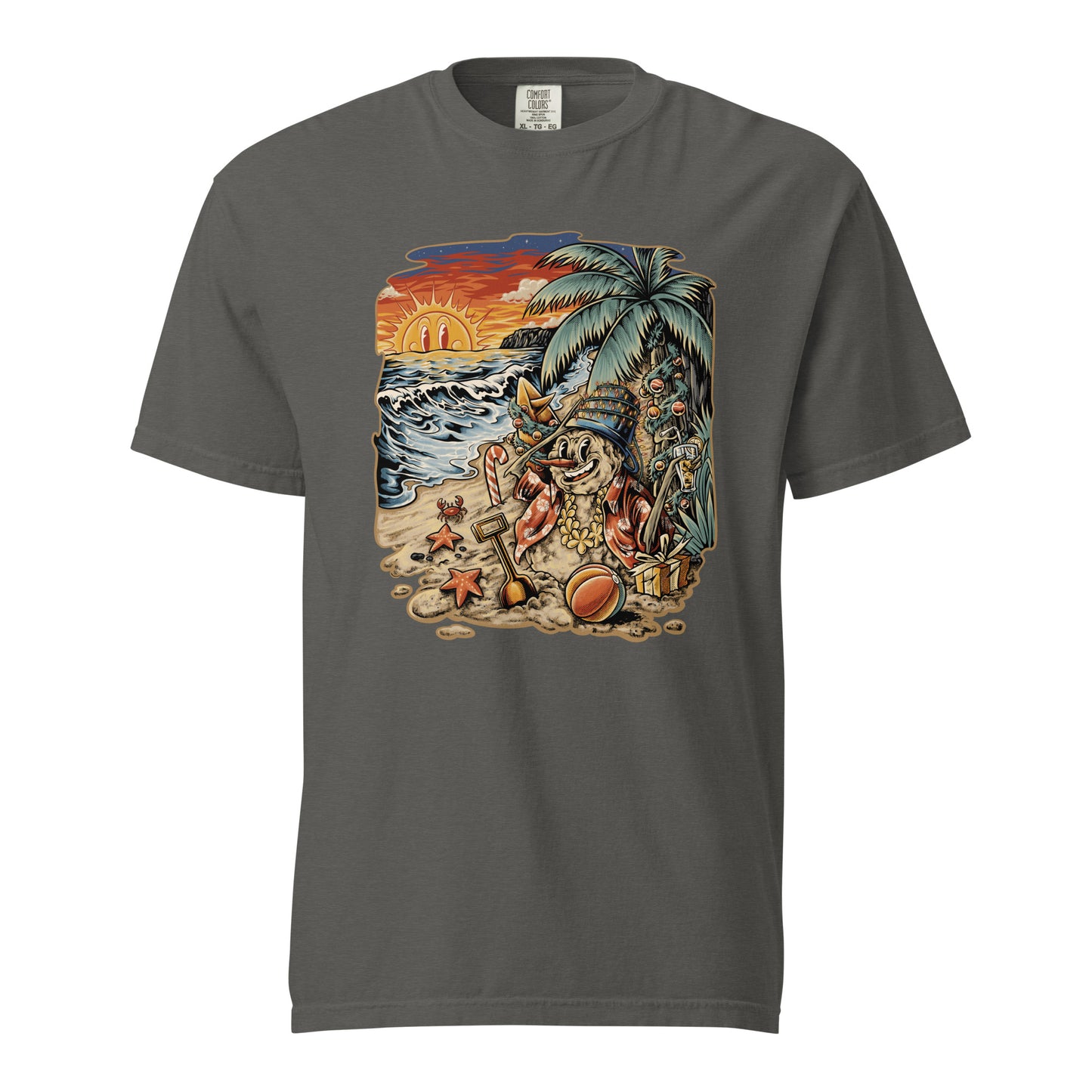 Grey T‑shirt displaying Frosty the Sandman reclining on a tropical beach, complete with a palm tree, starfish, a beach ball, and an orange sunset.