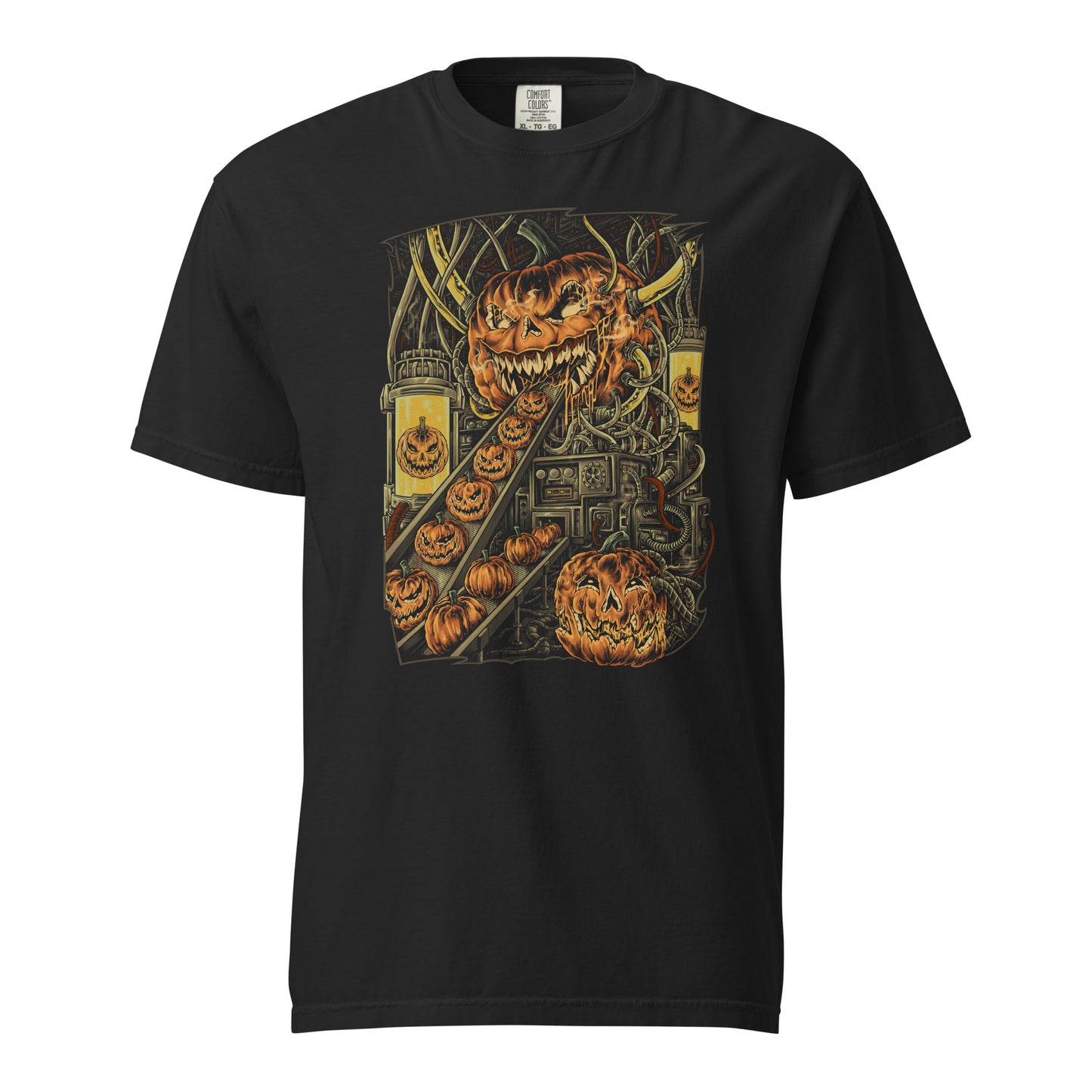 Black T‑shirt with a single‑sided graphic of a sinister pumpkin factory assembly line producing jack‑o’‑lanterns, surrounded by dripping slime, gears, and vines.