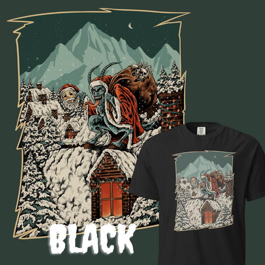 Black T-shirt with a graphic of Krampus and Santa emerging from snow-covered alpine village rooftops beneath towering mountain peaks under a starry night sky.