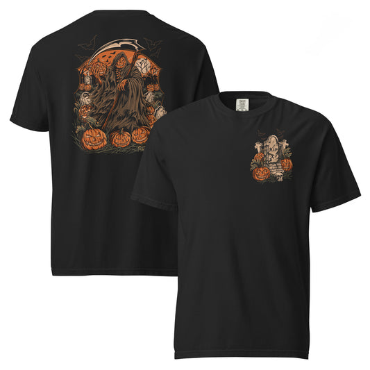 A double-sided t-shirt with a Halloween theme, featuring an illustration of the Grim Reaper surrounded by pumpkins and a full moon on a dark background.