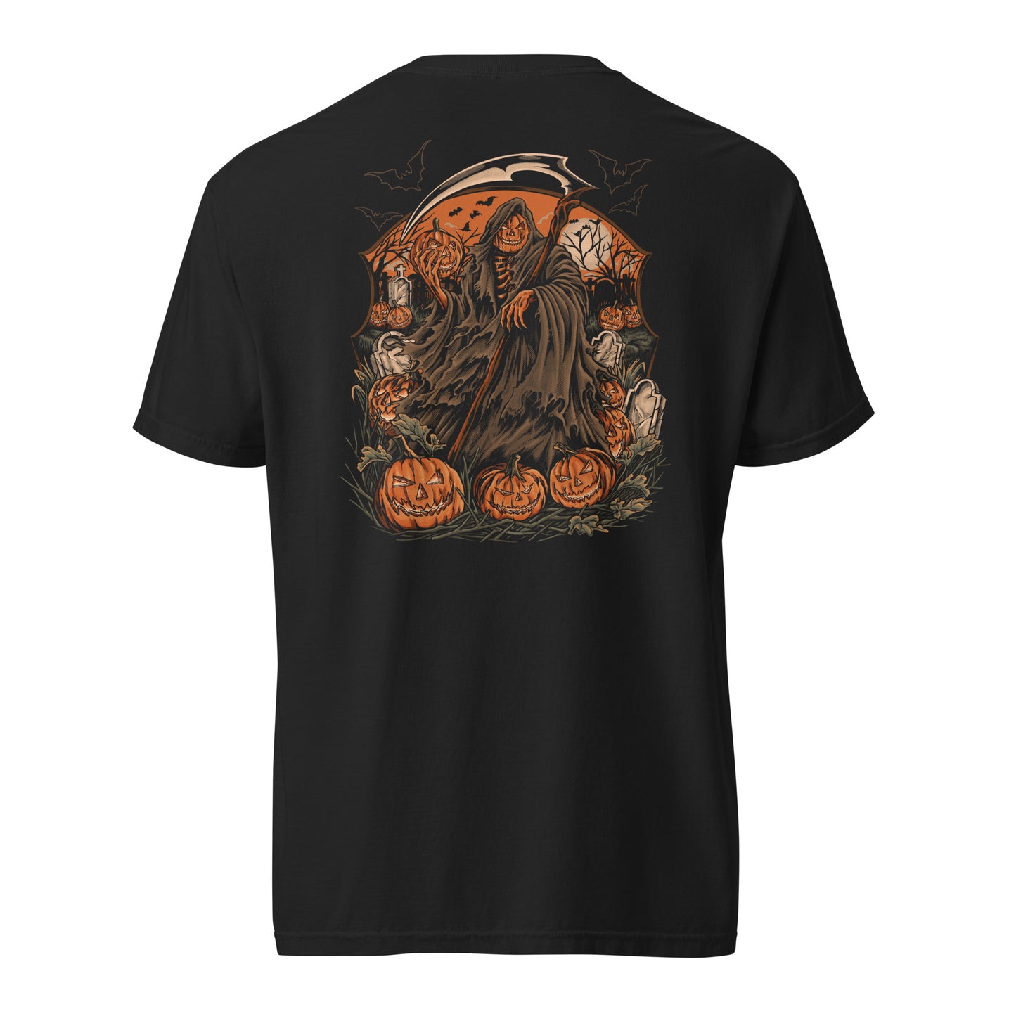 Back side of t-shirt showing pumpkin themed grim reaper in a cemetery.