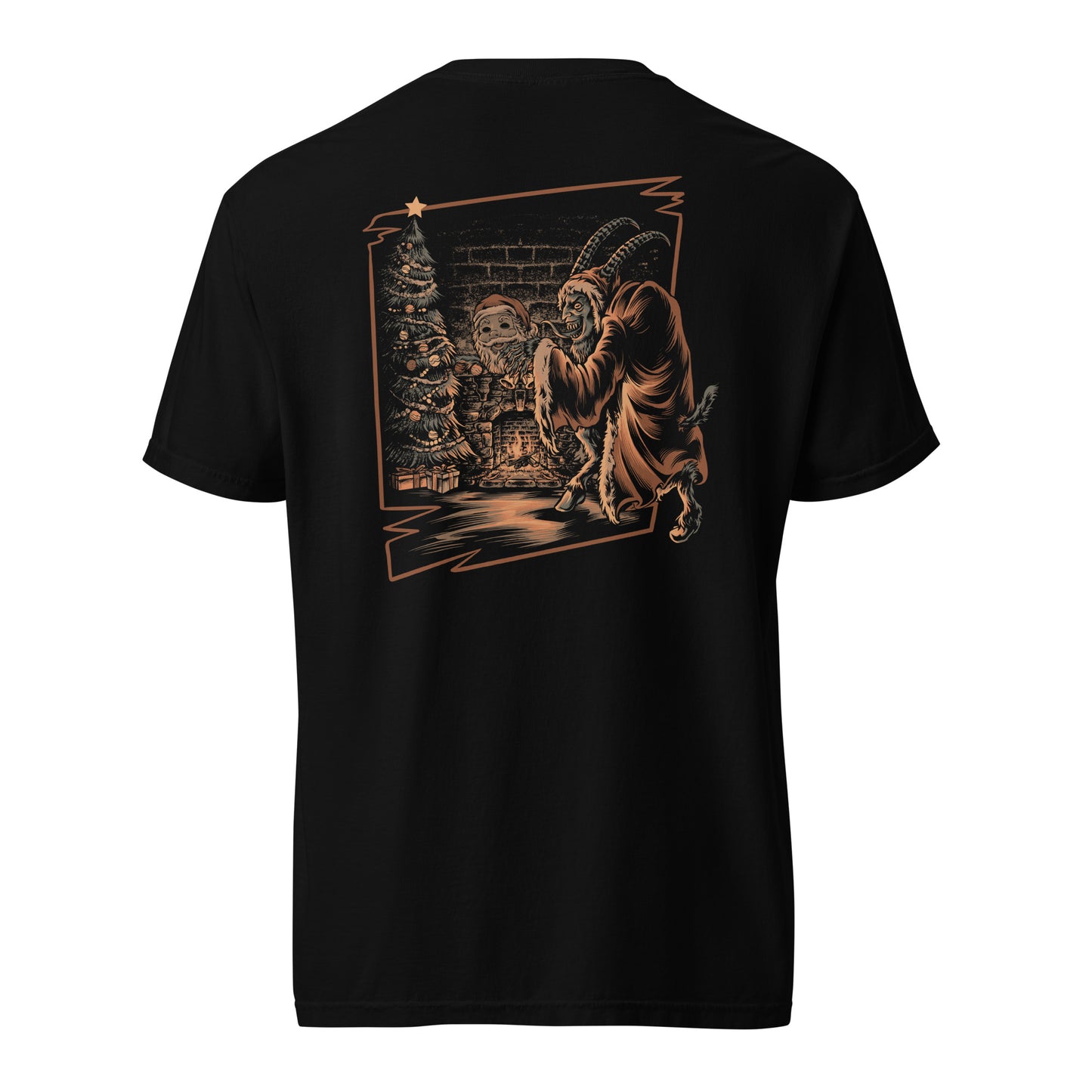 Black T-shirt featuring large back graphic of Krampus holding the Santa mask in front of a decorated Christmas tree against a brick wall.