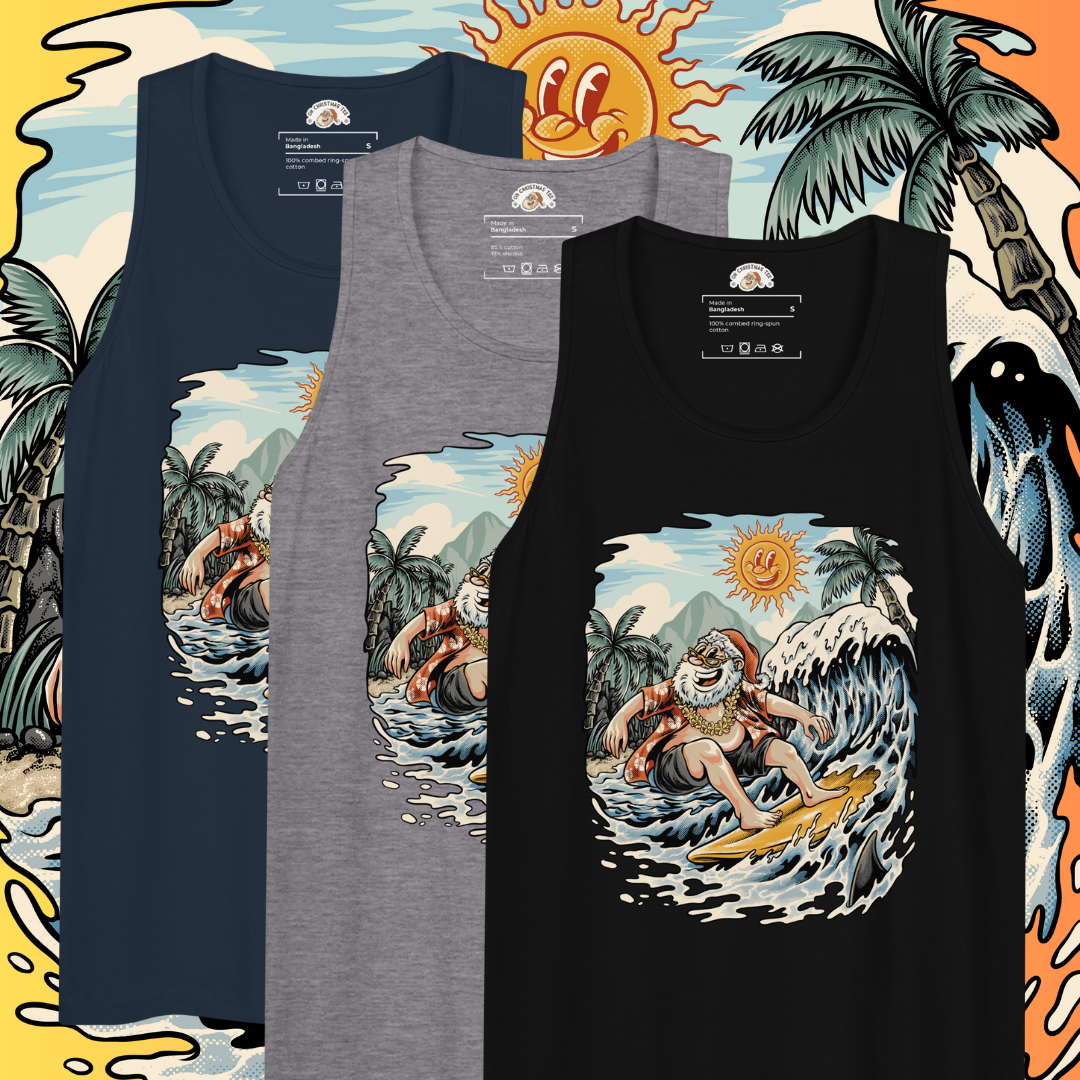 Three tank tops depicting Santa Claus surfing a big wave under a smiling sun, with palm trees and a tropical shoreline in the background.