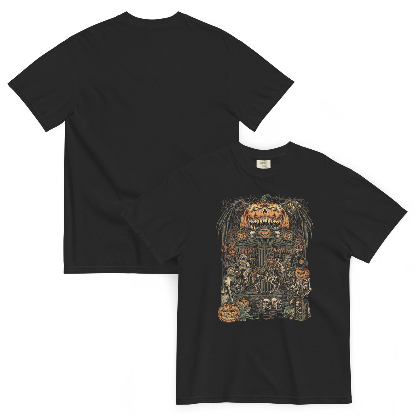 Black halloween T‑shirt featuring a haunted carnival carousel made of jack‑o’‑lanterns with skeletal horses, skulls, bats, and a gravestone under a giant grinning pumpkin head.