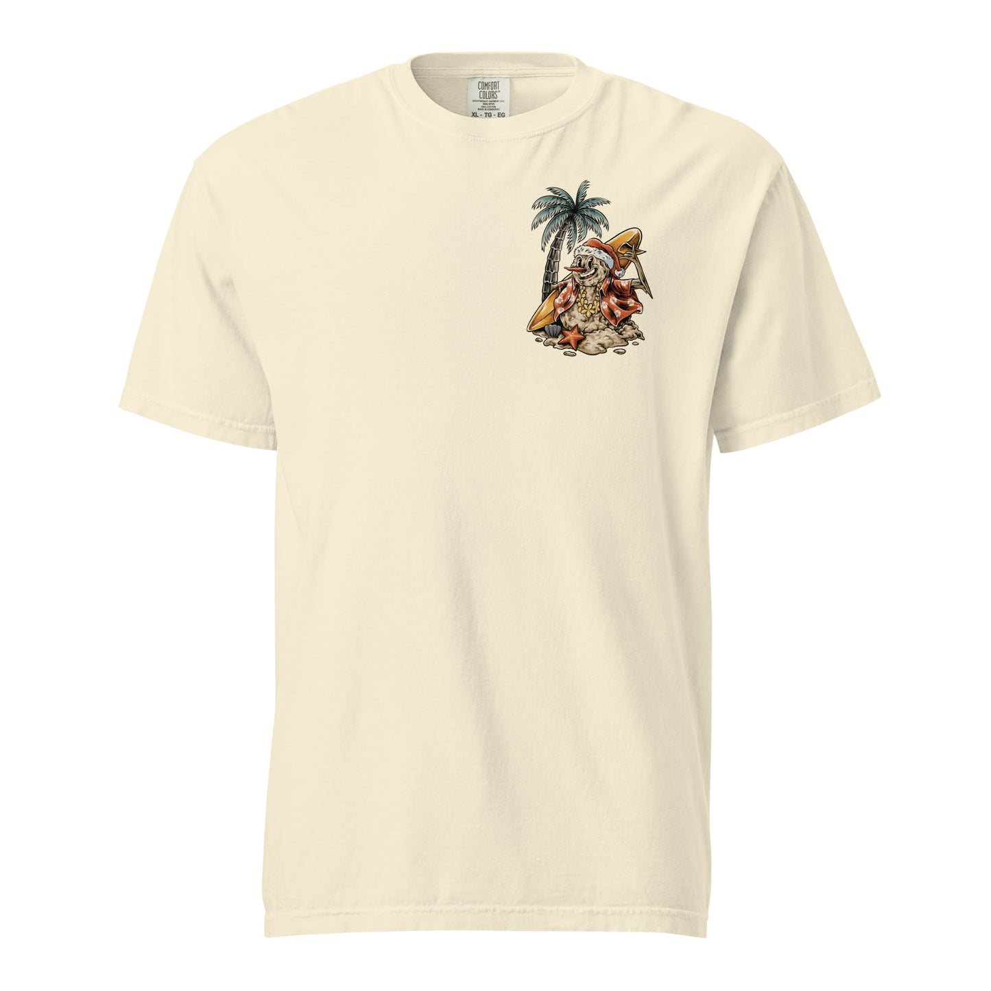 A cream t-shirt with a graphic print of a snowman, palm trees, and beach elements, positioned in front of a stylized depiction of a palm tree.