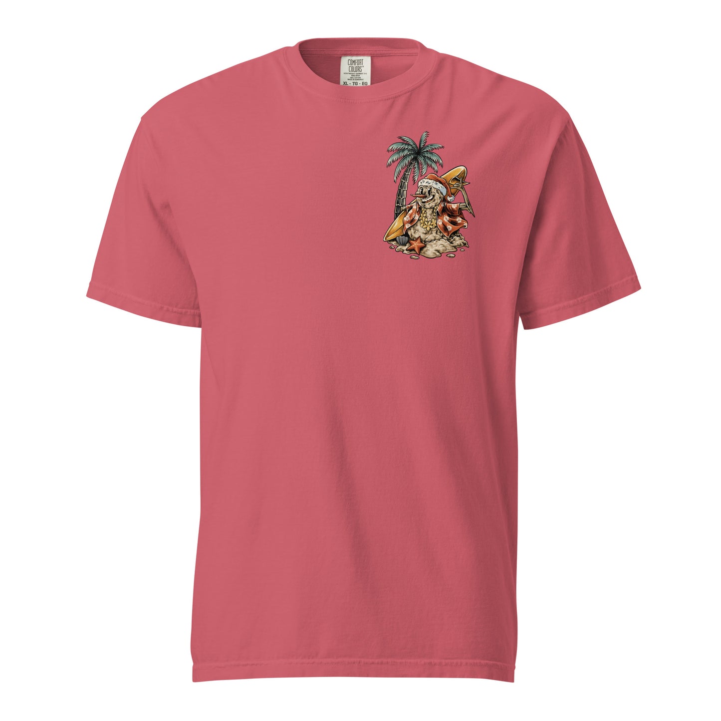 A watermelon t-shirt with a graphic print of a snowman, palm trees, and beach elements, positioned in front of a stylized depiction of a palm tree.