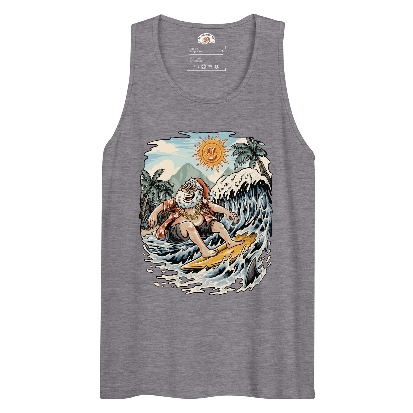 Grey tank top depicting Santa Claus surfing a big wave under a smiling sun, with palm trees and a tropical shoreline in the background.