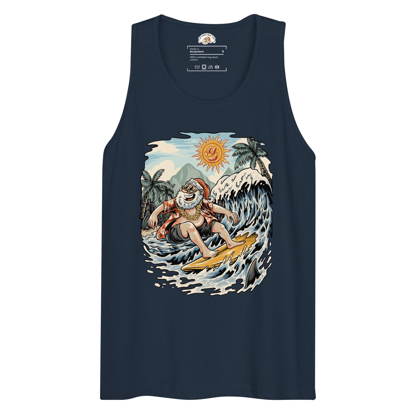 Navy tank top depicting Santa Claus surfing a big wave under a smiling sun, with palm trees and a tropical shoreline in the background.