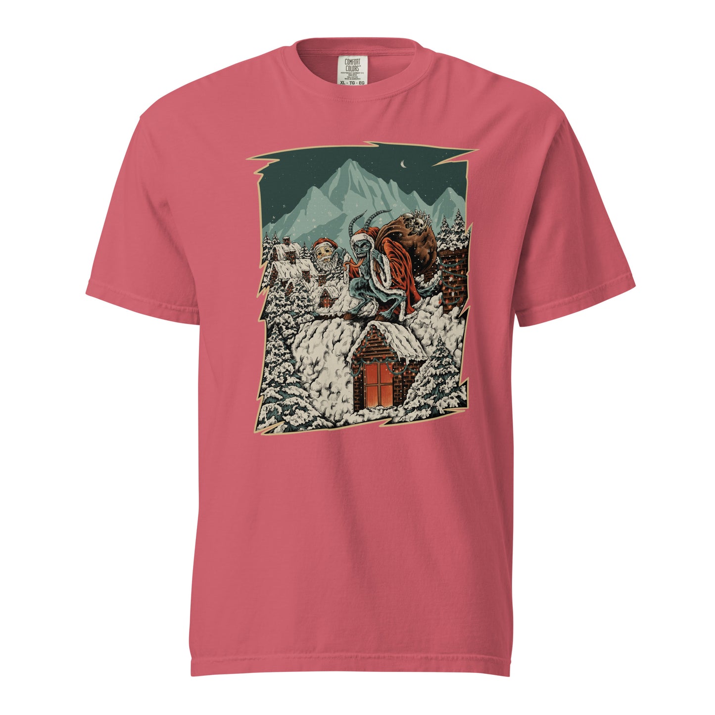 Watermelon T-shirt with a graphic of Krampus and Santa emerging from snow-covered alpine village rooftops beneath towering mountain peaks under a starry night sky.