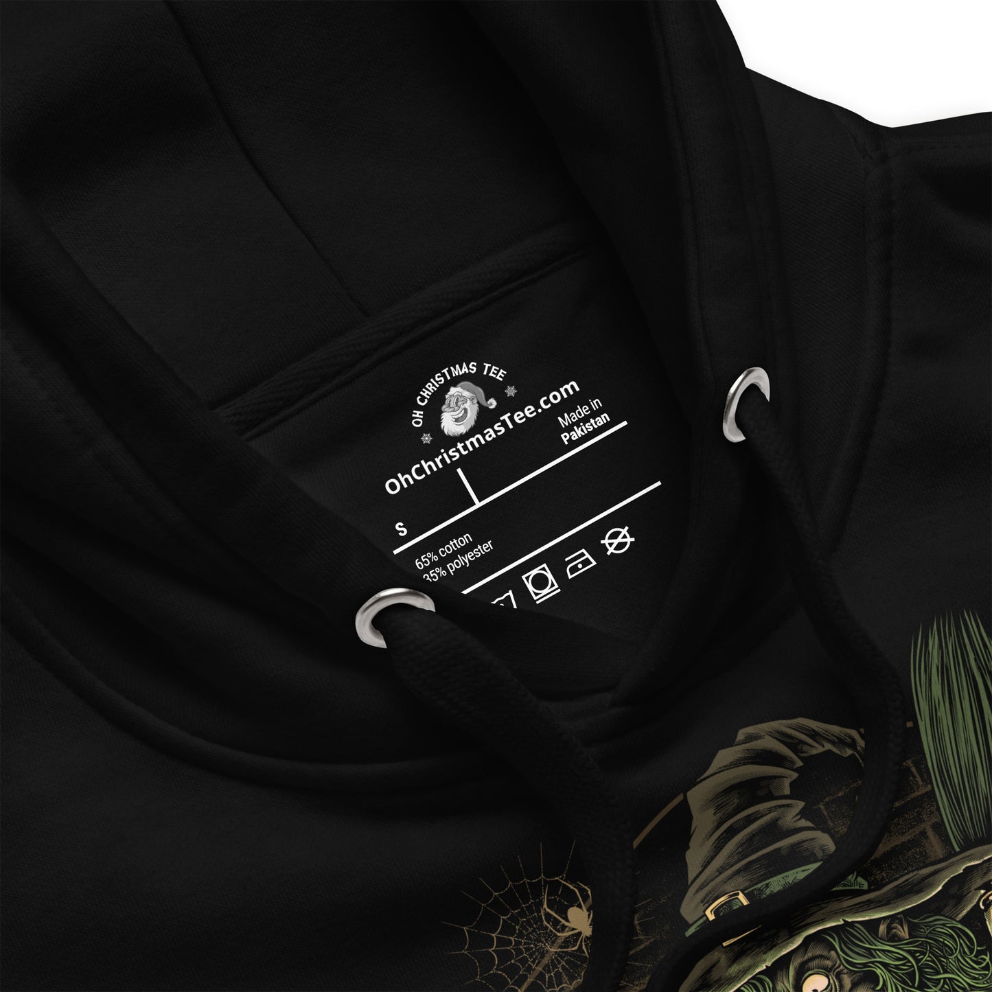 Product detail shot of hoodie with tag.