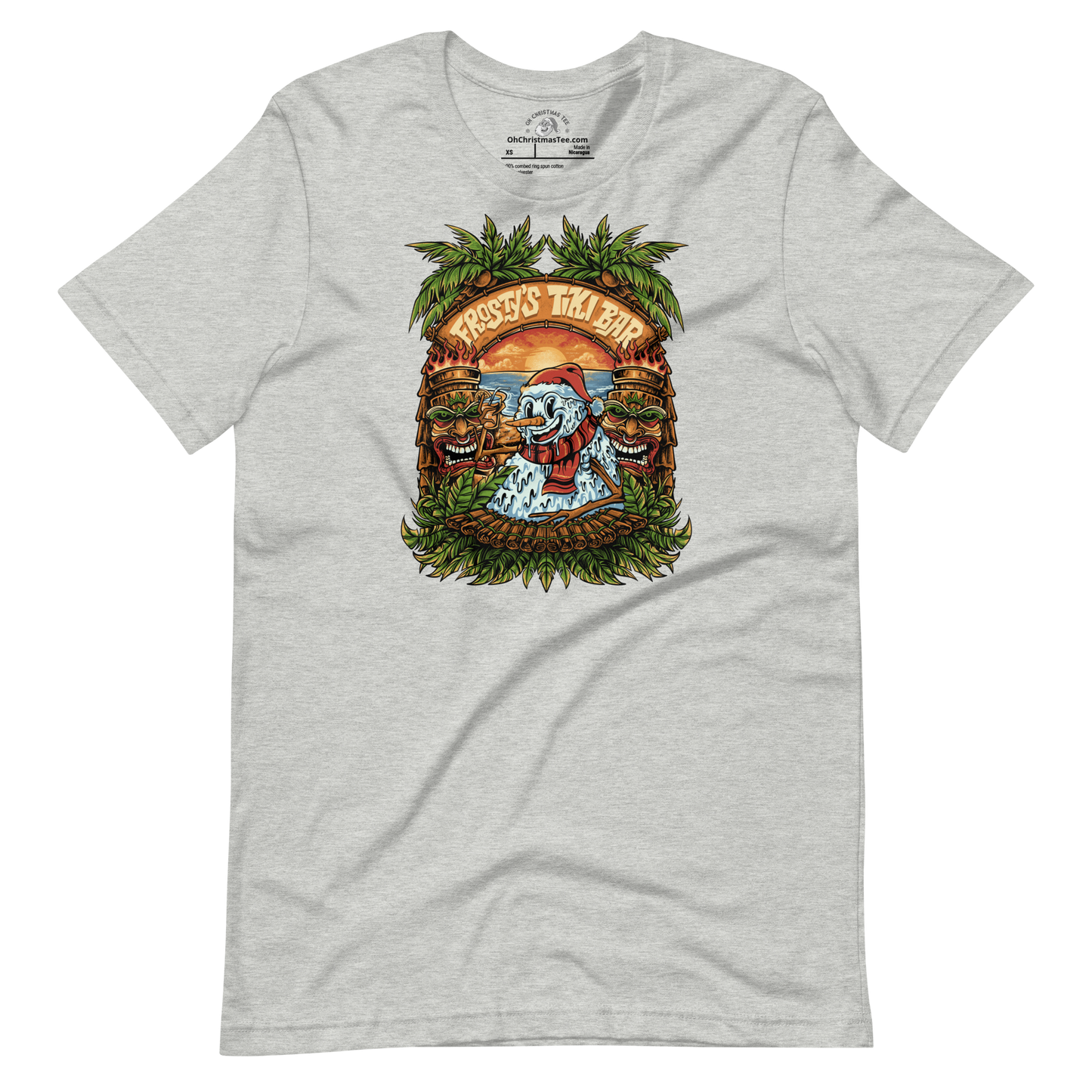 Grey t-shirt with a graphic design featuring a Snowman at a Tiki Bar