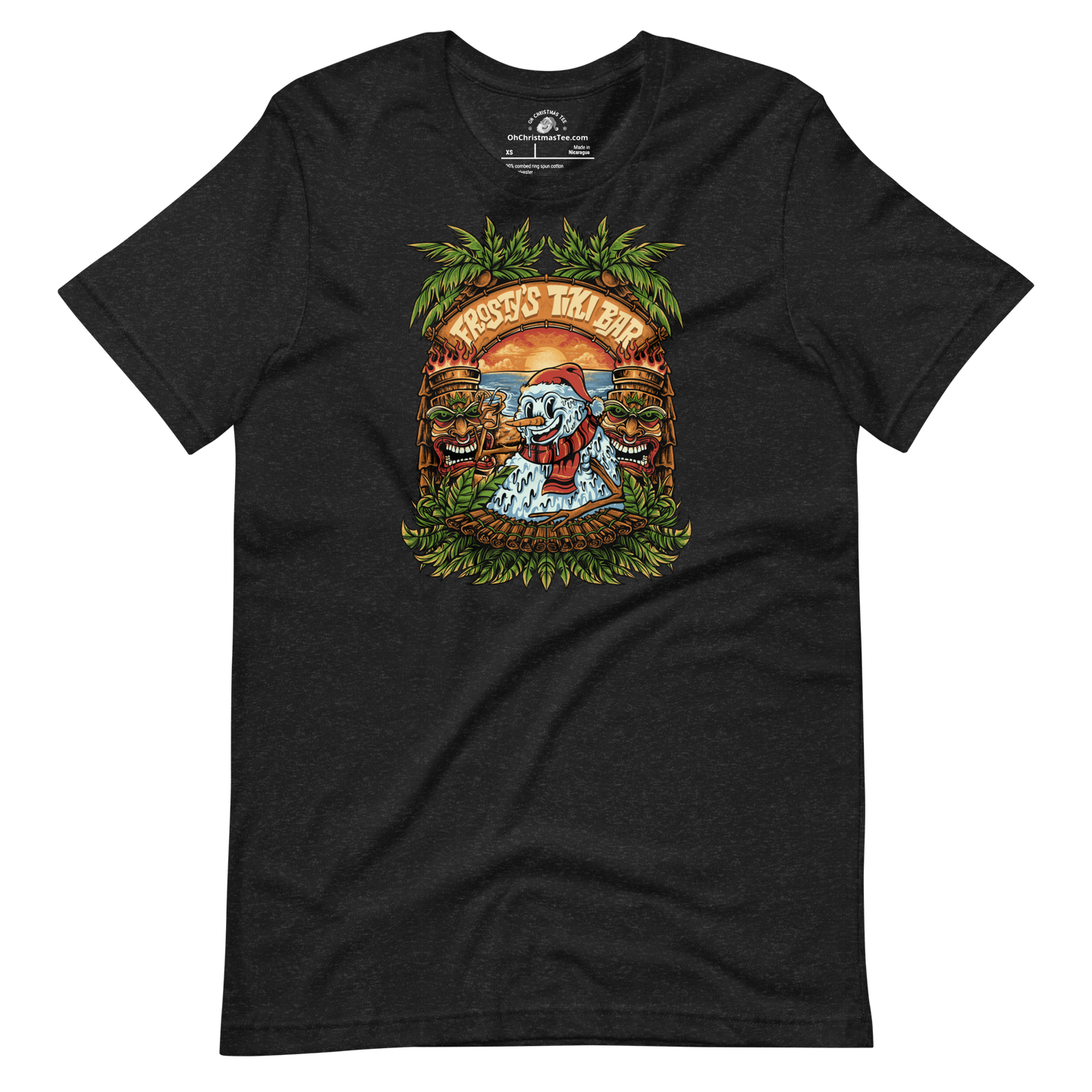 Black Heather  t-shirt with a graphic design featuring a Snowman at a Tiki Bar