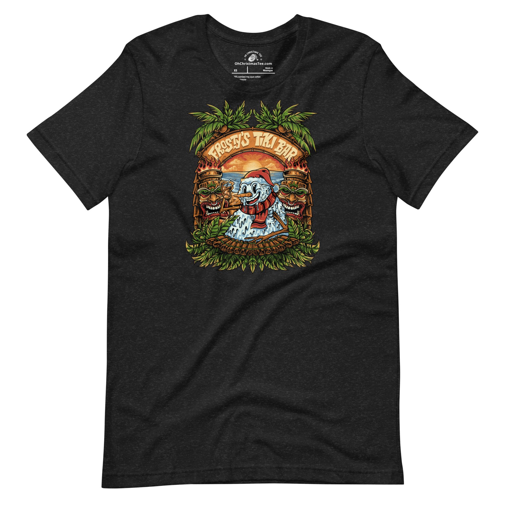 Black Heather  t-shirt with a graphic design featuring a Snowman at a Tiki Bar