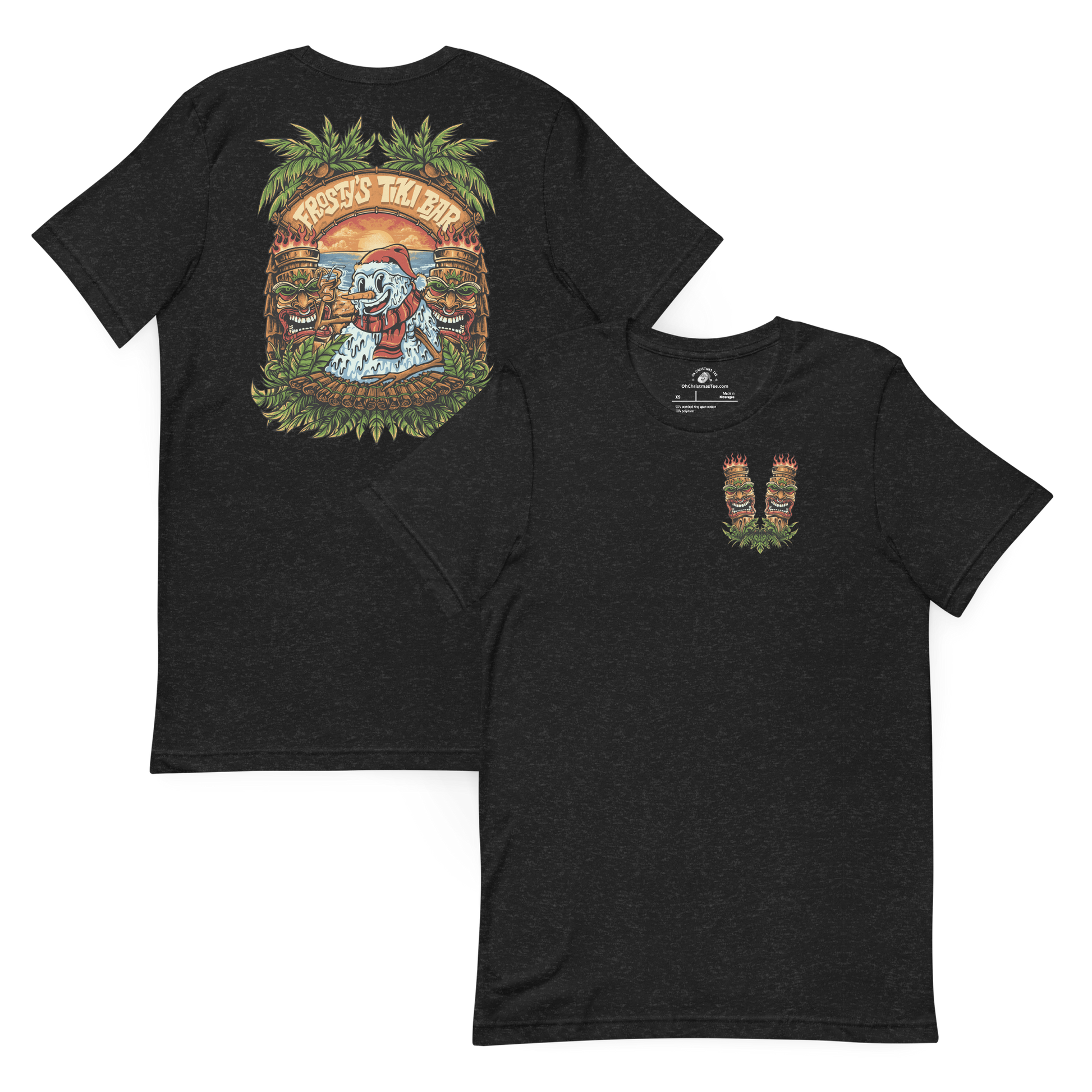 Black t-shirt with a colorful graphic design on the front and back. Christmas in July tiki themed shirt.