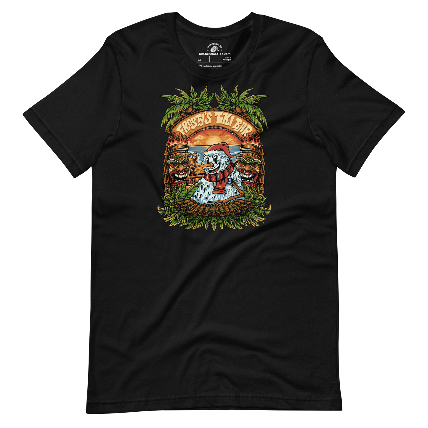 Black t-shirt with a graphic design featuring a Snowman at a Tiki Bar