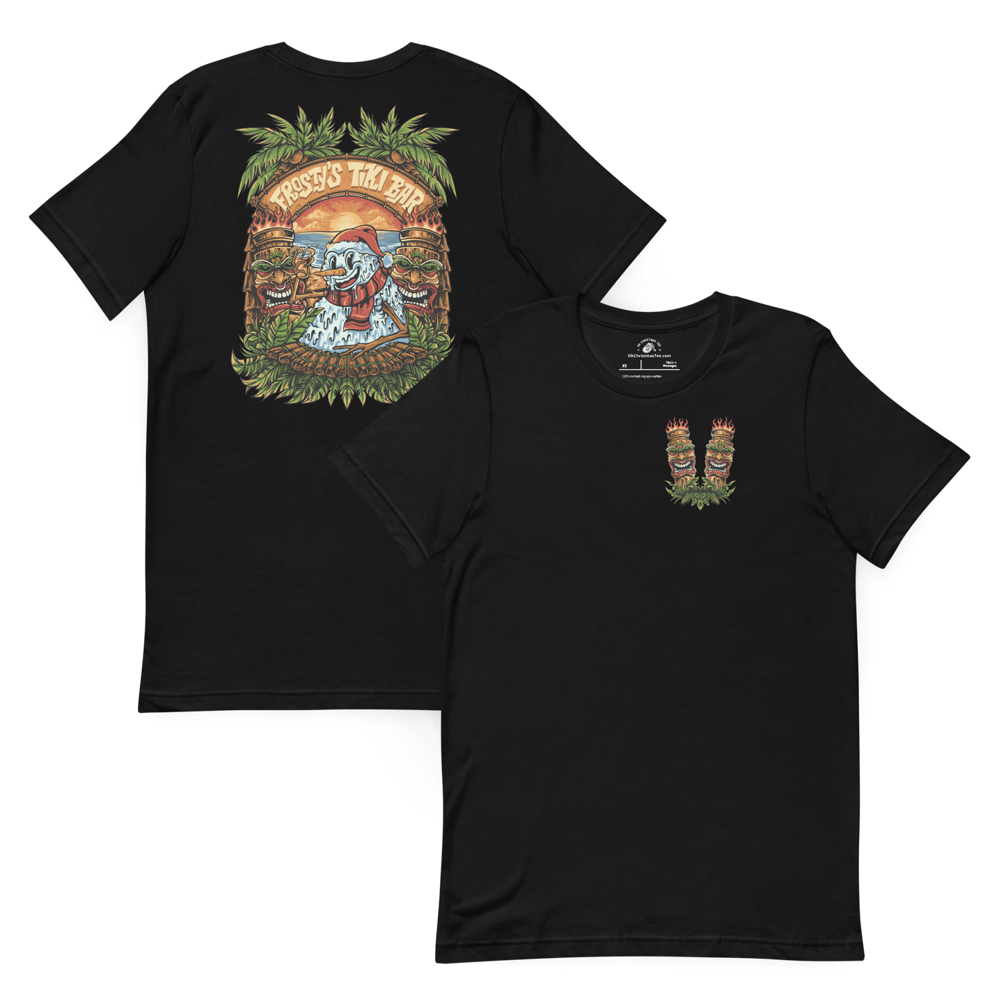 Black t-shirt with colorful graphic design on front and back. Christmas in July tiki themed shirt.