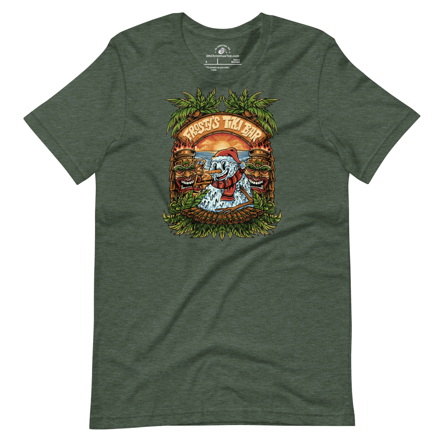 Forest Heather t-shirt with a graphic design featuring a Snowman at a Tiki Bar